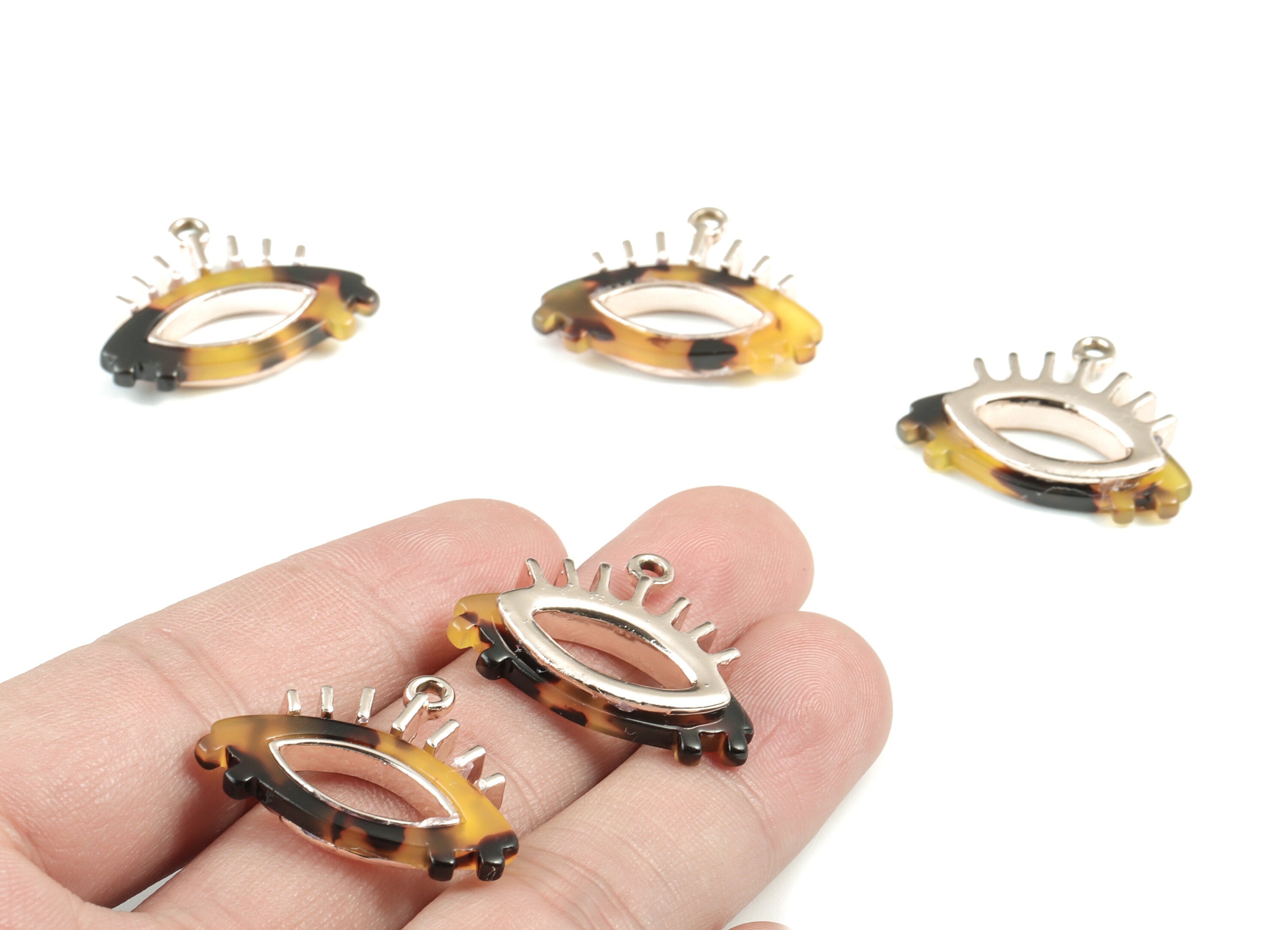 Eyelash Earring Charms - Tortoise Shell Acetate Eye Charms - Rose Tone  Plated Alloy Eye Charms - 27x22x4mm - AC1848-A02R - DOMEDBAZAAR