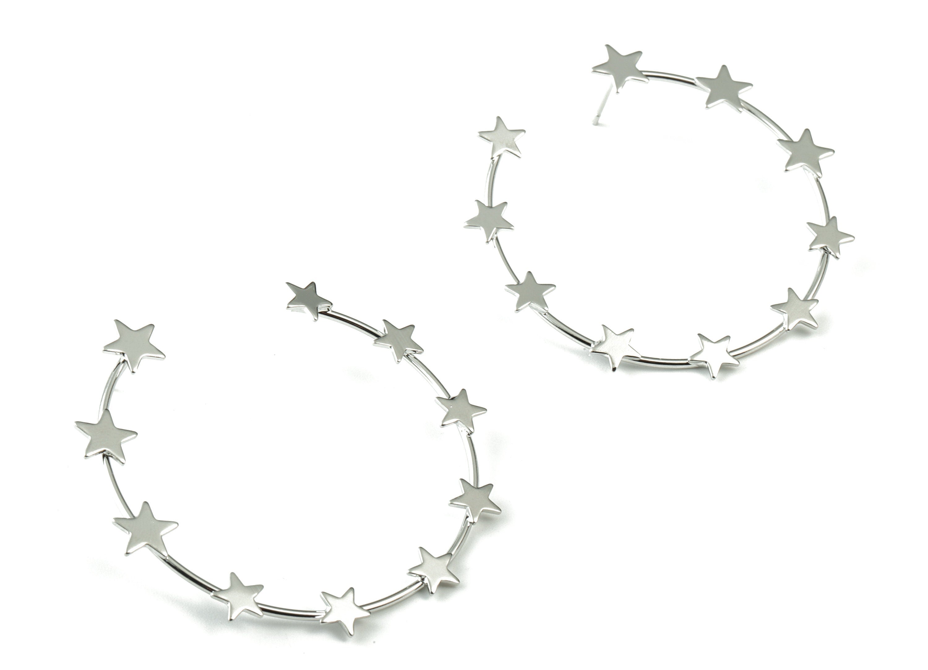 Silver Stars Hoop Stud Earring - 18K Real White Gold Brass Open Hoop Earring Post - Surgical Stud - 49.37x7.84x2.31mm - RGP2753S - DOMEDBAZAAR