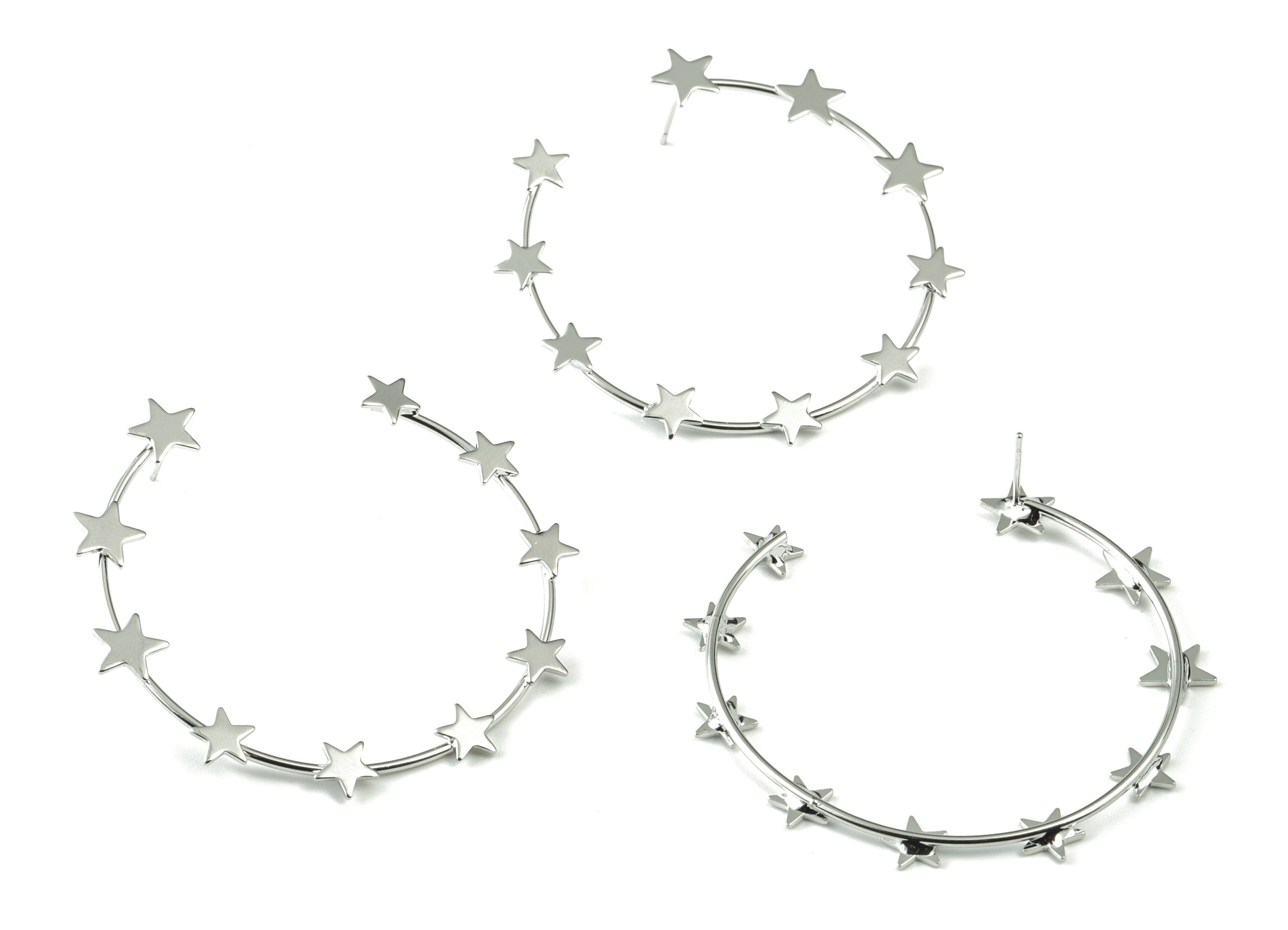 Silver Stars Hoop Stud Earring - 18K Real White Gold Brass Open Hoop Earring Post - Surgical Stud - 49.37x7.84x2.31mm - RGP2753S - DOMEDBAZAAR