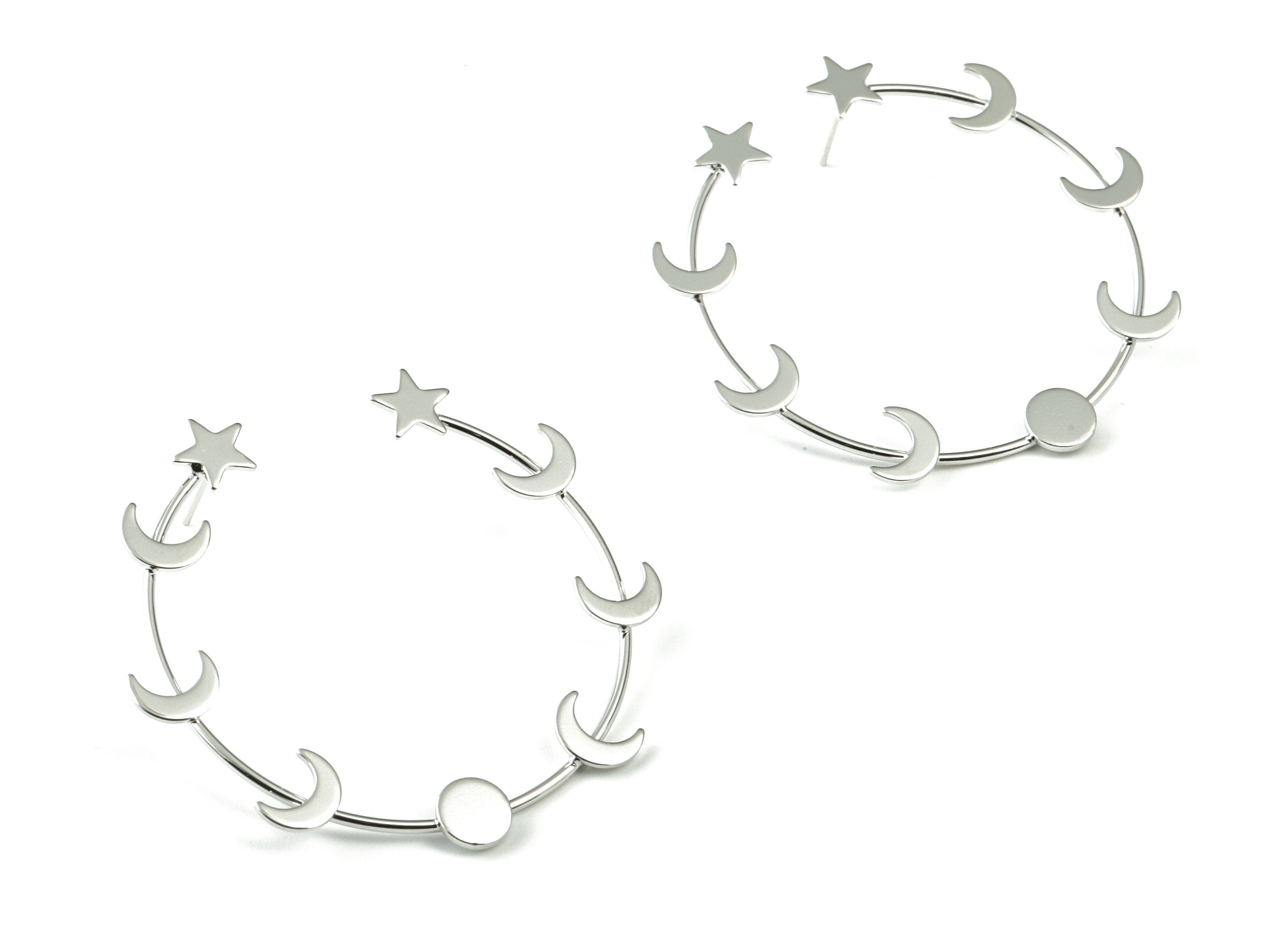 Silver Stars Hoop Stud Earring - 18K Real White Gold Brass Open Hoop Crescent Earring Post - Surgical Stud - 50.65x8.23x2.18mm - RGP2754S - DOMEDBAZAAR