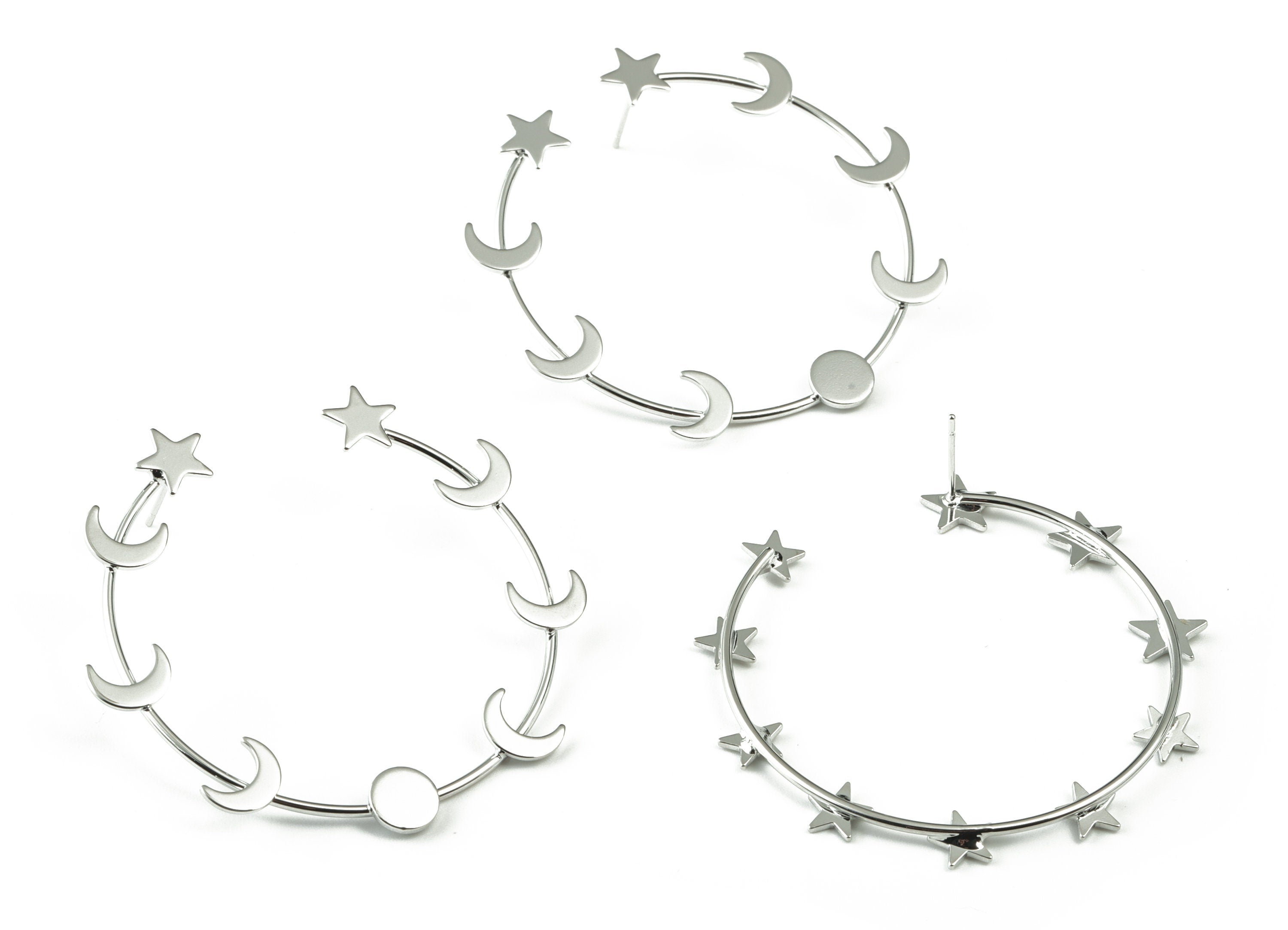 Silver Stars Hoop Stud Earring - 18K Real White Gold Brass Open Hoop Crescent Earring Post - Surgical Stud - 50.65x8.23x2.18mm - RGP2754S - DOMEDBAZAAR