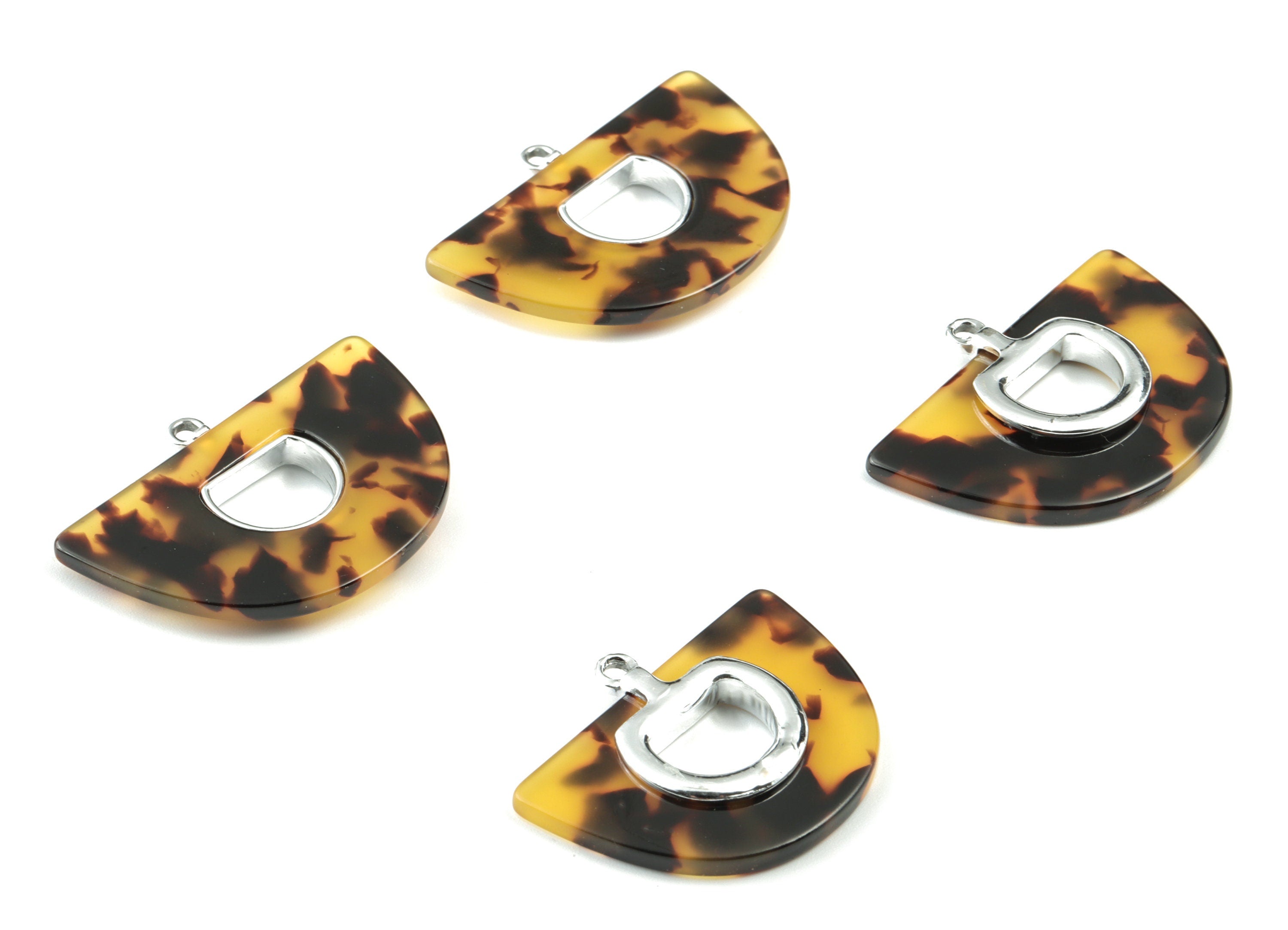 Acetate Semicircle Earring Charm - Silver Alloy Frame Tortoise Shell Charms - Tortoise Shell Half Moon Pendant - 35x28x4mm - AC1842-A02S - DOMEDBAZAAR