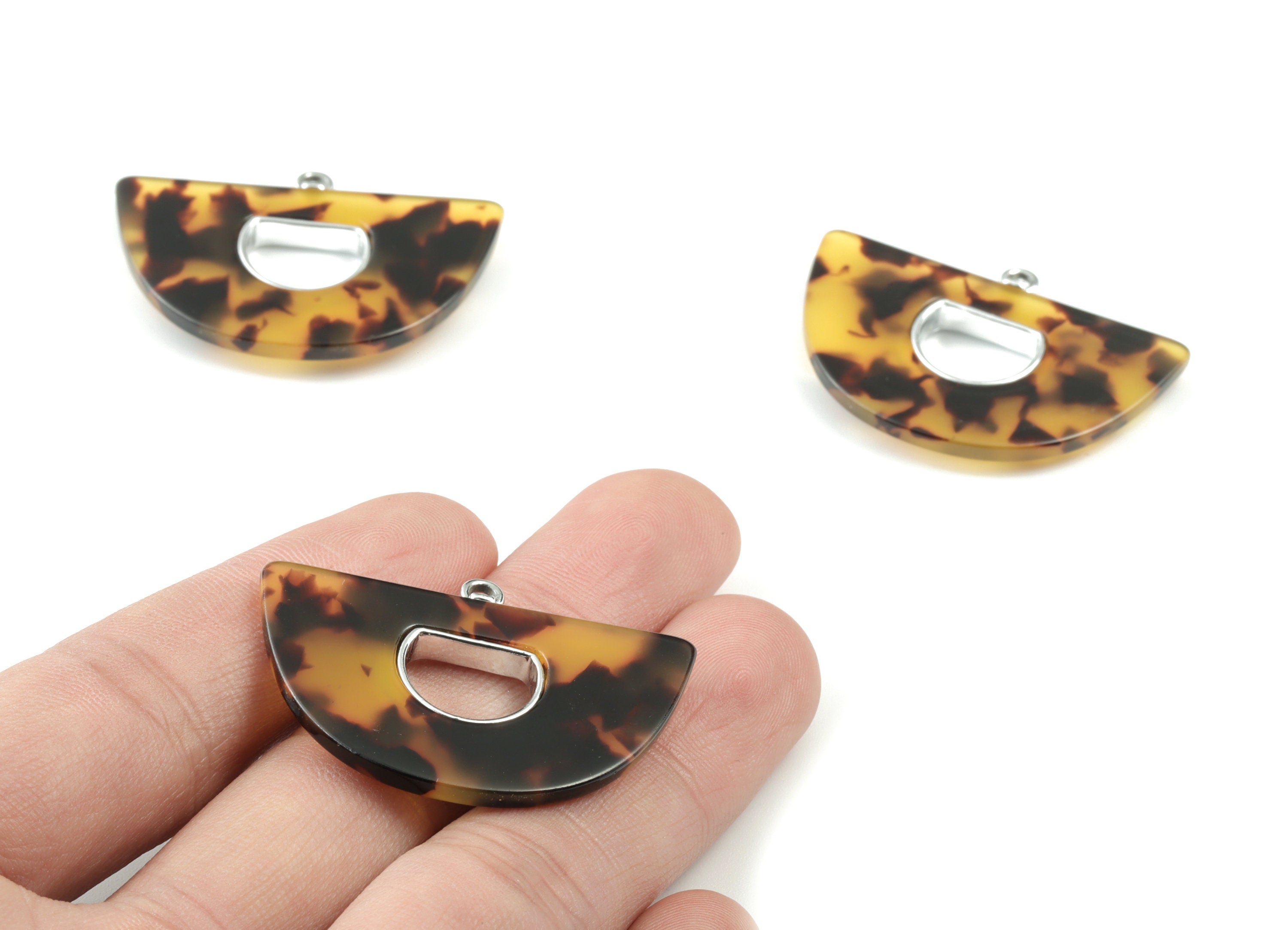 Acetate Semicircle Earring Charm - Silver Alloy Frame Tortoise Shell Charms - Tortoise Shell Half Moon Pendant - 35x28x4mm - AC1842-A02S - DOMEDBAZAAR