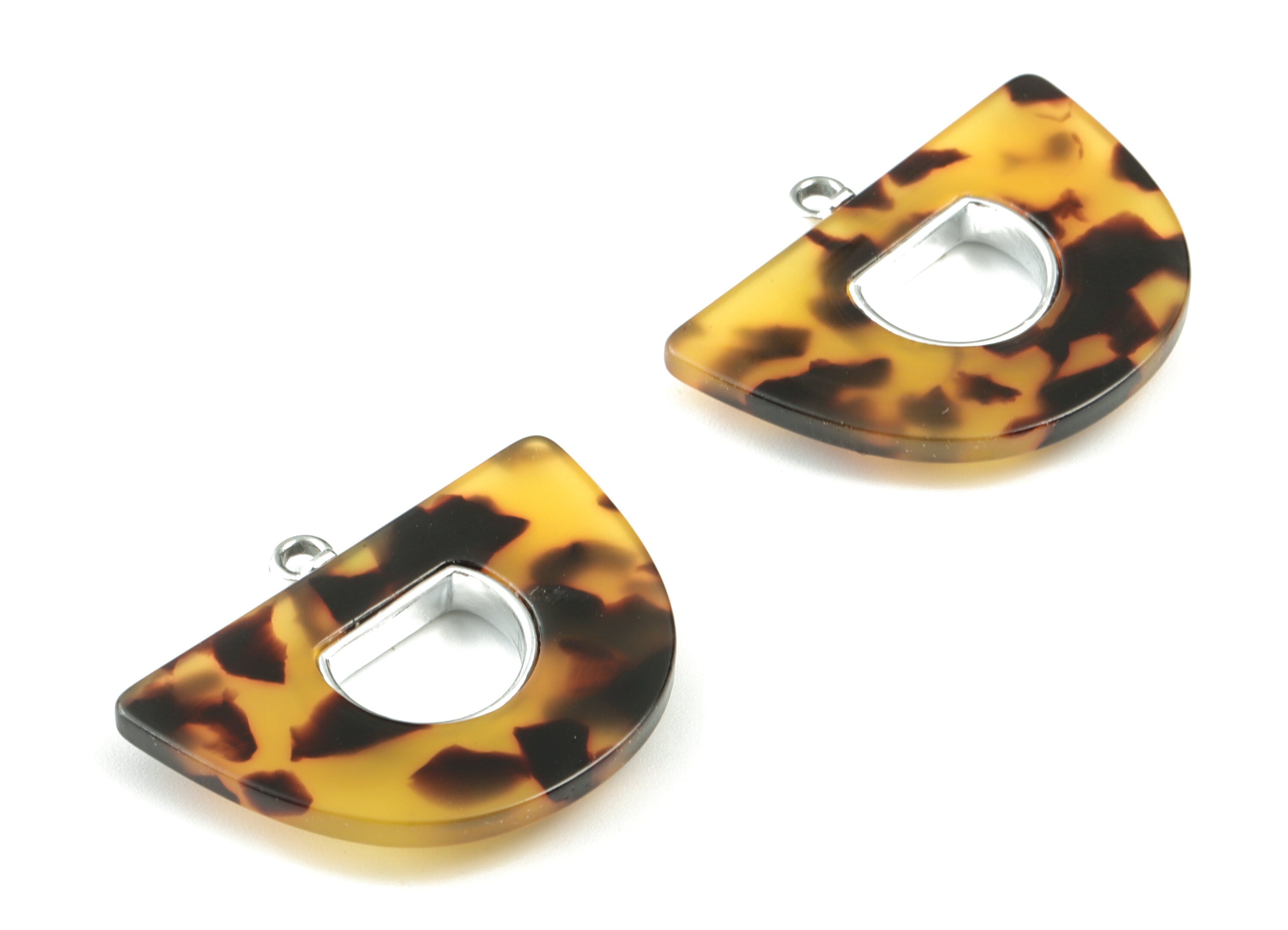 Acetate Semicircle Earring Charm - Silver Alloy Frame Tortoise Acetate Domed Charms - Half Moon Pendant - 39.88x28.57x3.99mm - AC2148-A02S - DOMEDBAZAAR