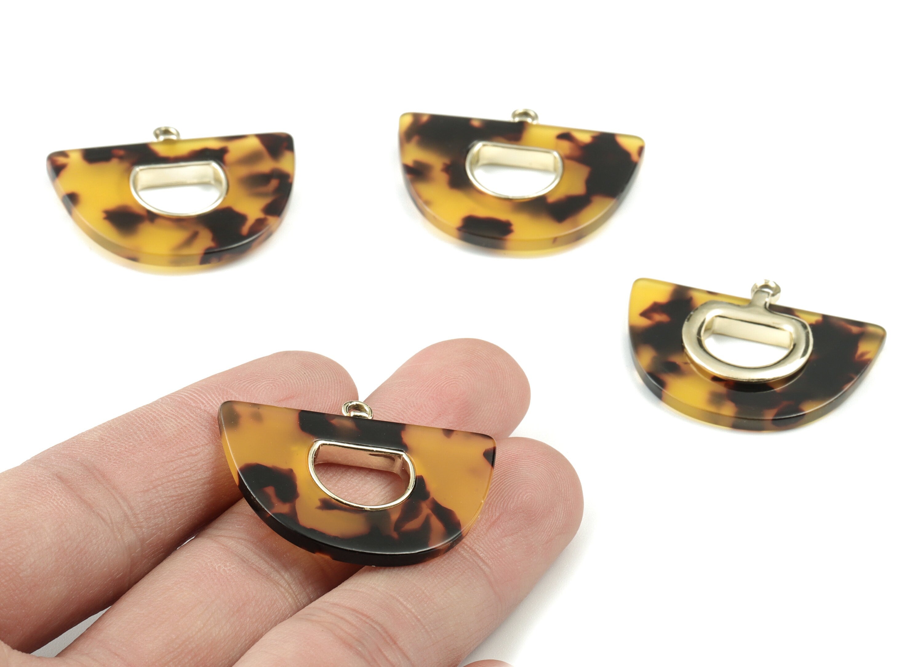 Acetate Semi circle Earring Charm - Gold Alloy Frame Tortoise Shell Acetate Domed Charms - Half Moon Pendant - 39.88x28.57x4mm - AC2148-A02G - DOMEDBAZAAR
