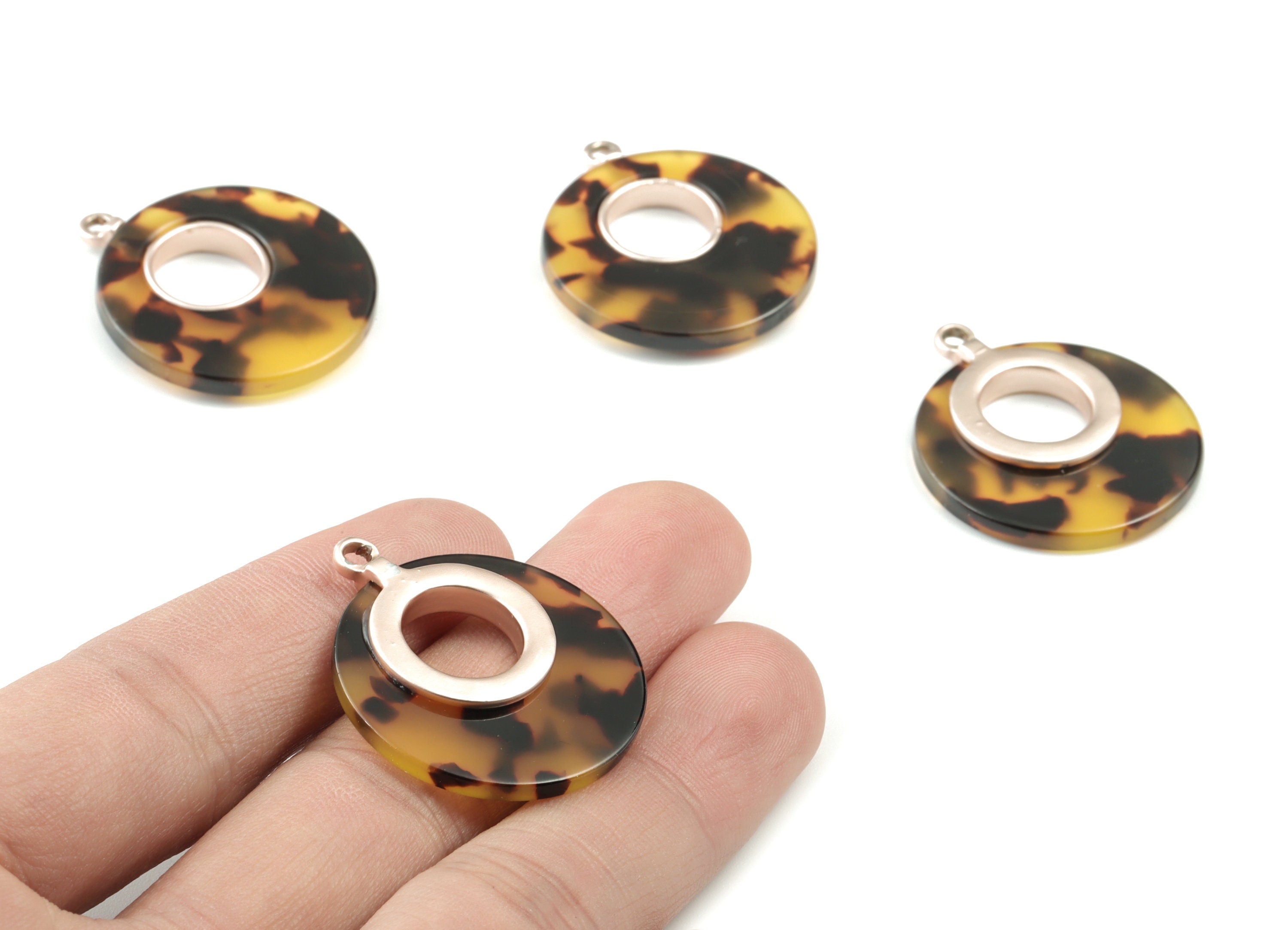 Acetate Alloy Round Earring Charm - Matte Rose Alloy Tortoise Shell Charms - Tortoise Shell Circle Pendant - 33.2x28.7x4.5mm - AC1186-A02MR - DOMEDBAZAAR