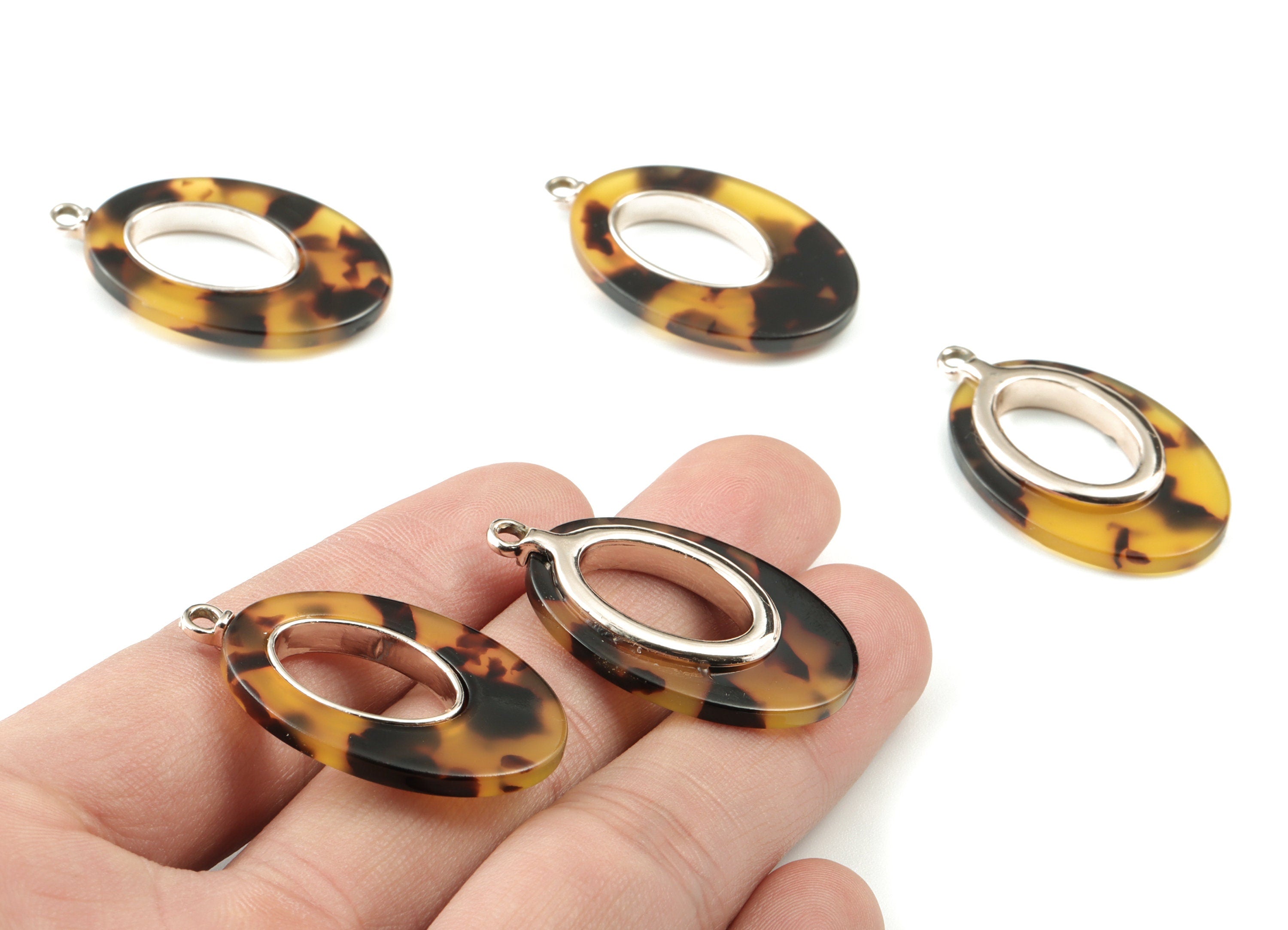 Acetate Alloy Drop Earring Charms - Rose Alloy Frame Tortoise Shell Charms - Tortosise Marquise  Pendant - 35.73x21.73x4.15mm - AC1183-A02R - DOMEDBAZAAR