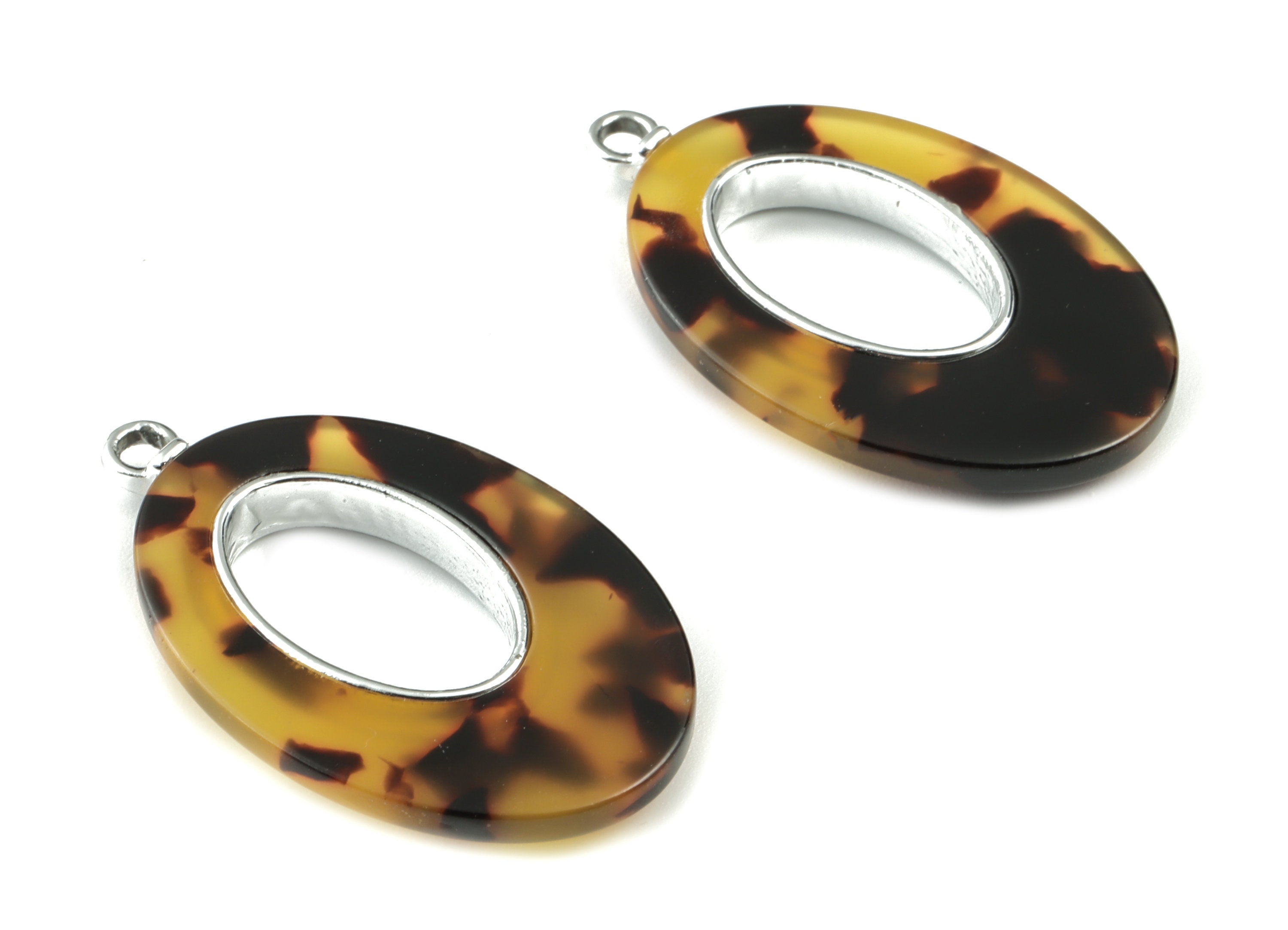 Acetate Alloy Drop Earring Charms - Silver Alloy Frame Tortoise Shell Charms - Tortosise Marquise  Pendant - 35.7x21.73x4.15mm - AC1183-A02S - DOMEDBAZAAR