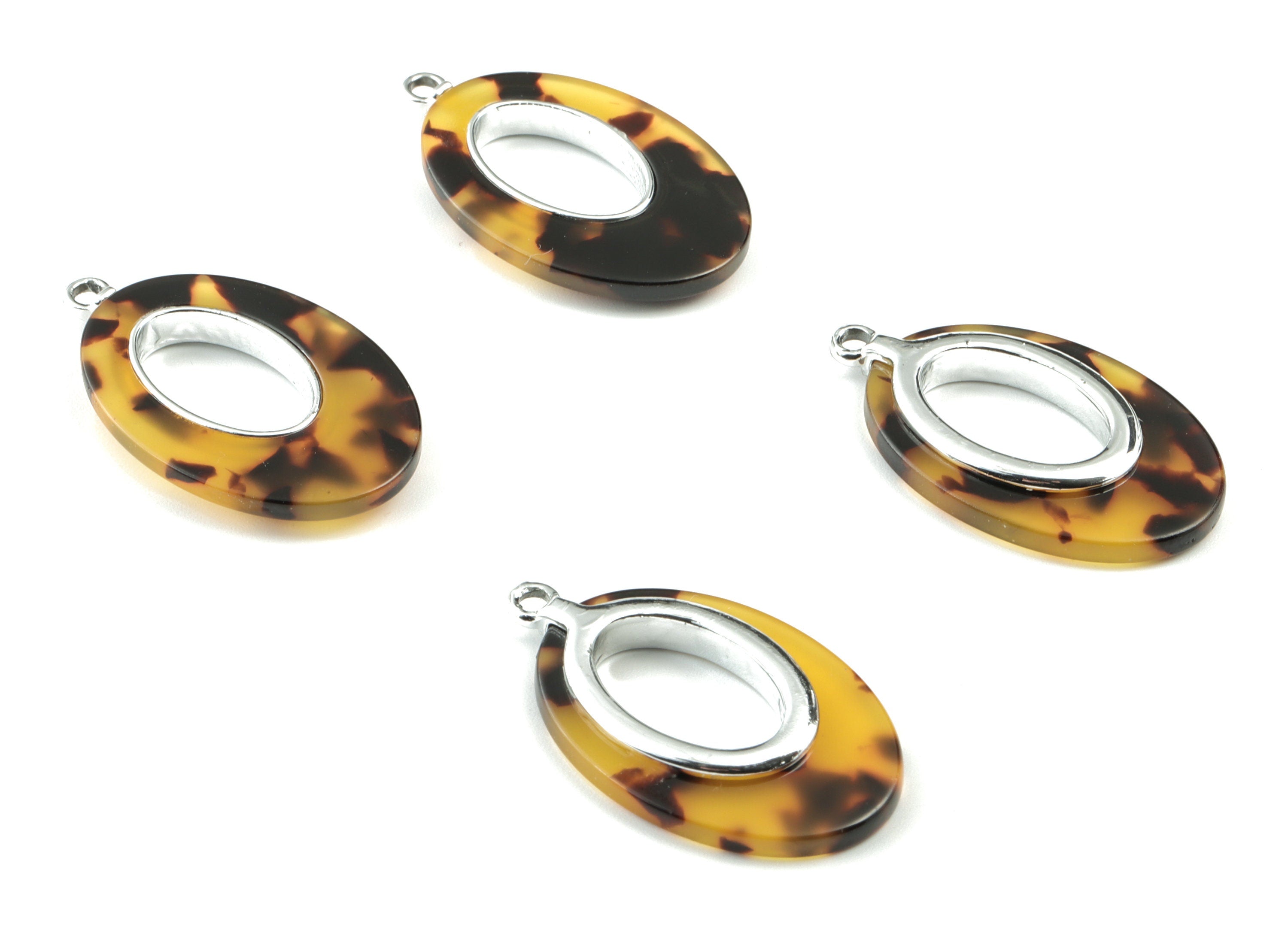 Acetate Alloy Drop Earring Charms - Silver Alloy Frame Tortoise Shell Charms - Tortosise Marquise  Pendant - 35.7x21.73x4.15mm - AC1183-A02S - DOMEDBAZAAR