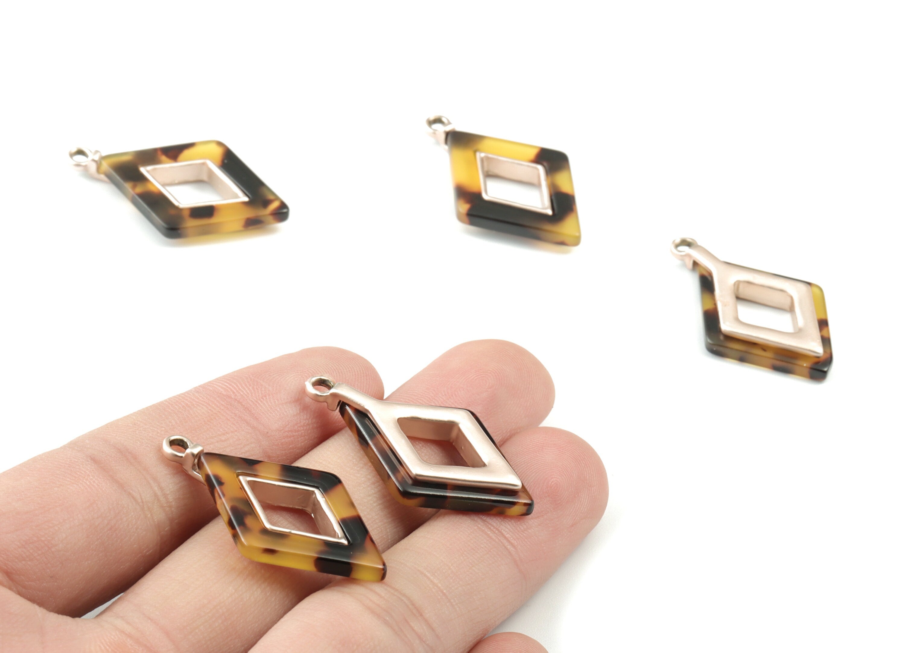 Acetate Alloy Rhombus Earring Charm - Matte Rose Alloy Tortoise Shell Charms - Tortoise Shell Rhombus Pendant - 33.79x20x4mm - AC1185-A02MR - DOMEDBAZAAR