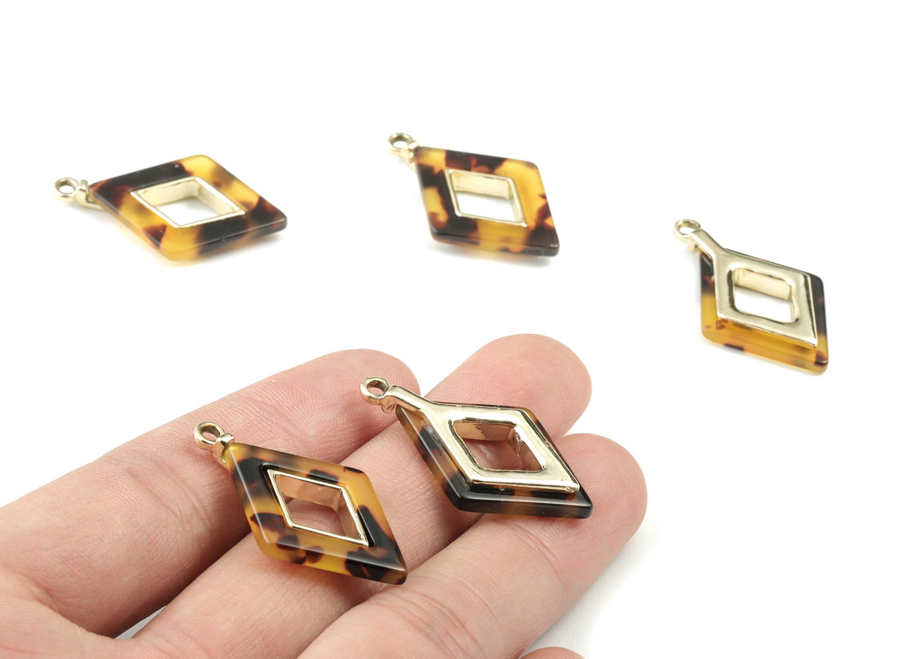 Acetate Alloy Rhombus Earring Charm - Gold Alloy Tortoise Shell Charms - Tortoise Shell Rhombus Pendant - 33.79x20.41x4.05mm - AC1185-A02G - DOMEDBAZAAR