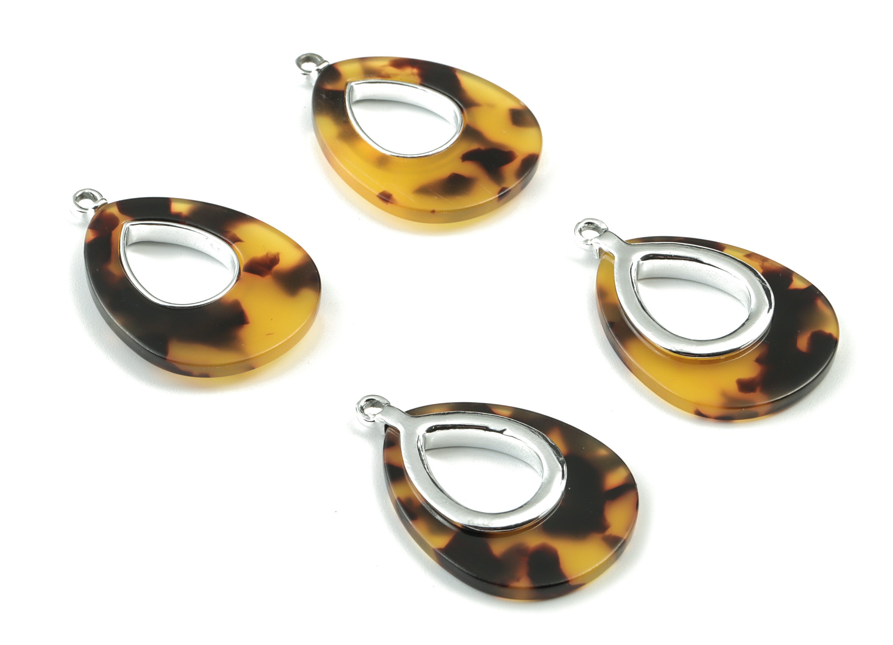 Acetate Alloy Drop Earring Charm - Silver Alloy Frame Tortoise Shell Charms - Tortoise Shell Drop Pendant - 35.11x24.42x3.98mm - AC1182-A02S - DOMEDBAZAAR