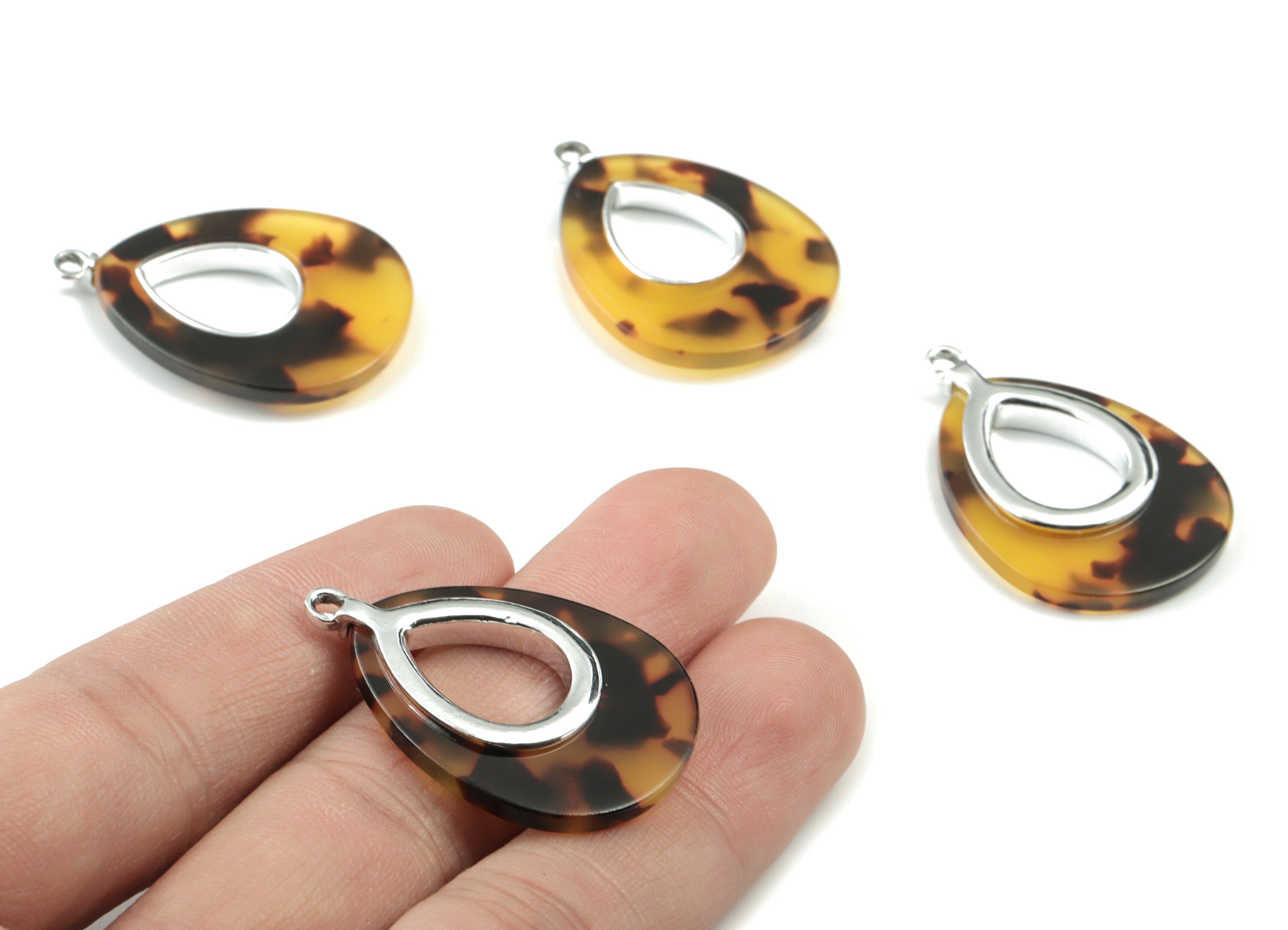 Acetate Alloy Drop Earring Charm - Silver Alloy Frame Tortoise Shell Charms - Tortoise Shell Drop Pendant - 35.11x24.42x3.98mm - AC1182-A02S - DOMEDBAZAAR