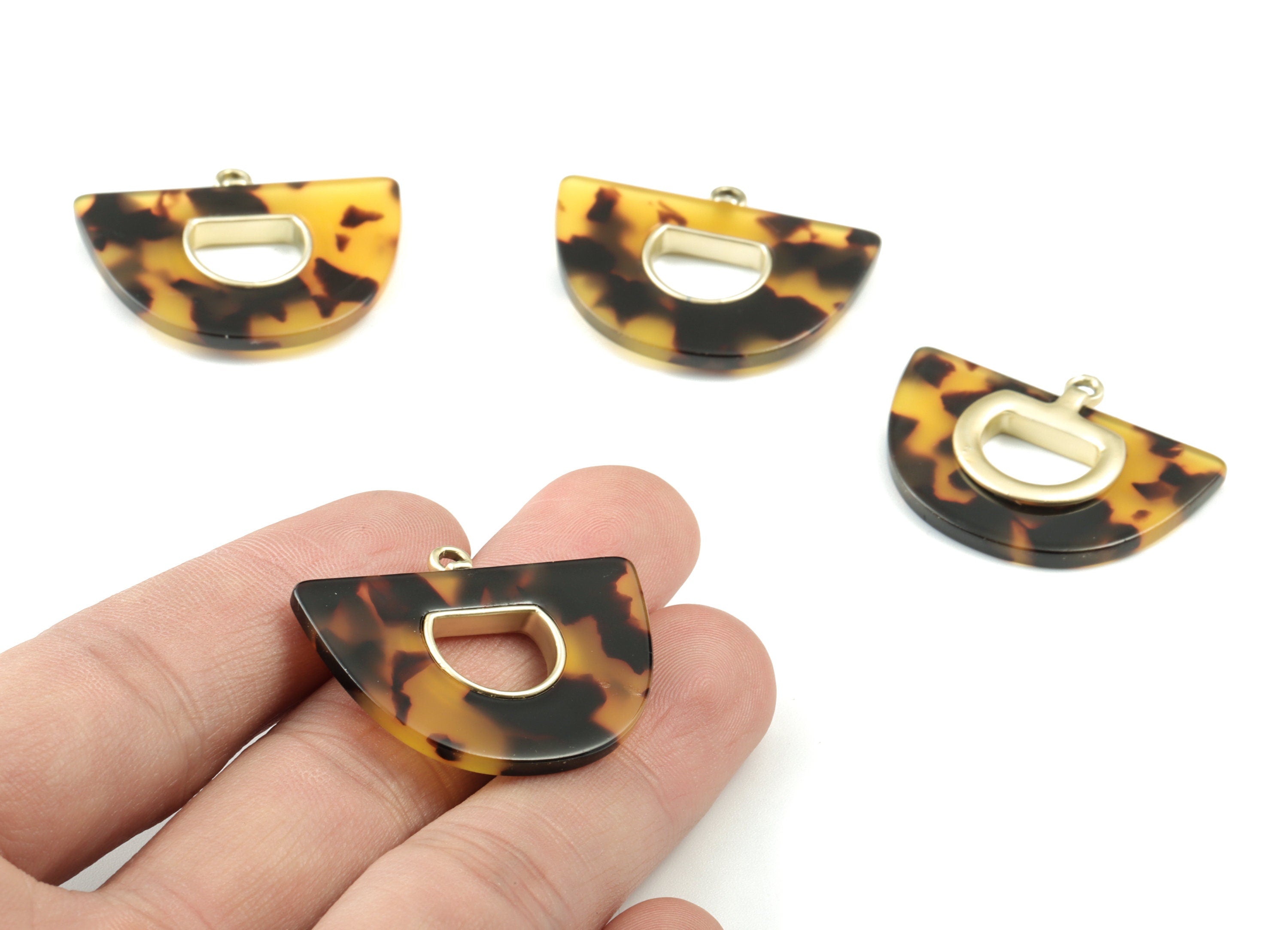 Acetate Semi circle Earring Charm - Matte Gold Alloy Frame Tortoise Shell Acetate Half Moon Pendant - 39.88x28.57x3.99mm - AC2148-A02MG - DOMEDBAZAAR