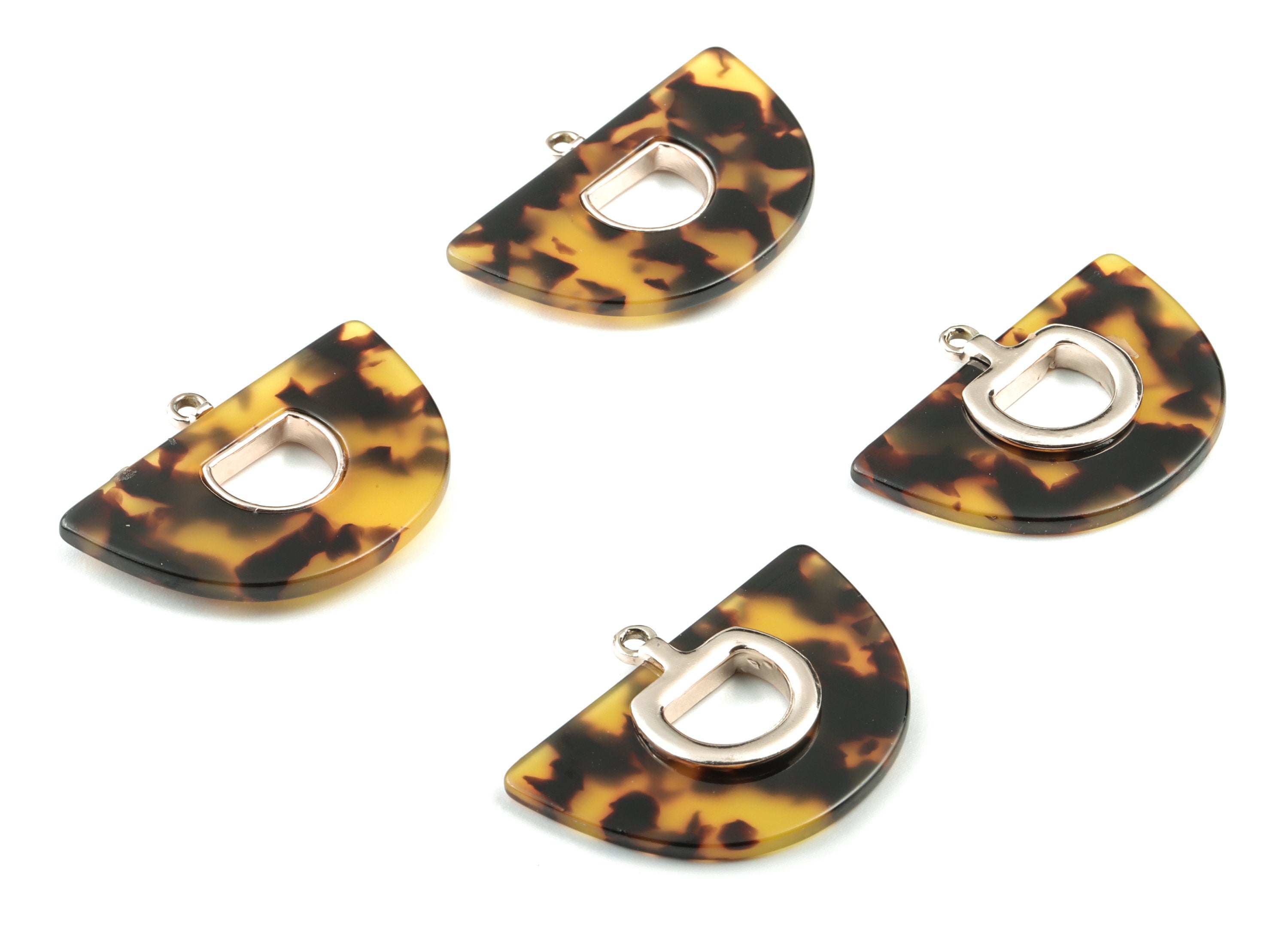 Acetate Semicircle Earring Charm - Rose Alloy Frame Tortoise Shell Charms - Tortoise Shell Half Moon Pendant - 35x28x4mm - AC1842-A02R - DOMEDBAZAAR