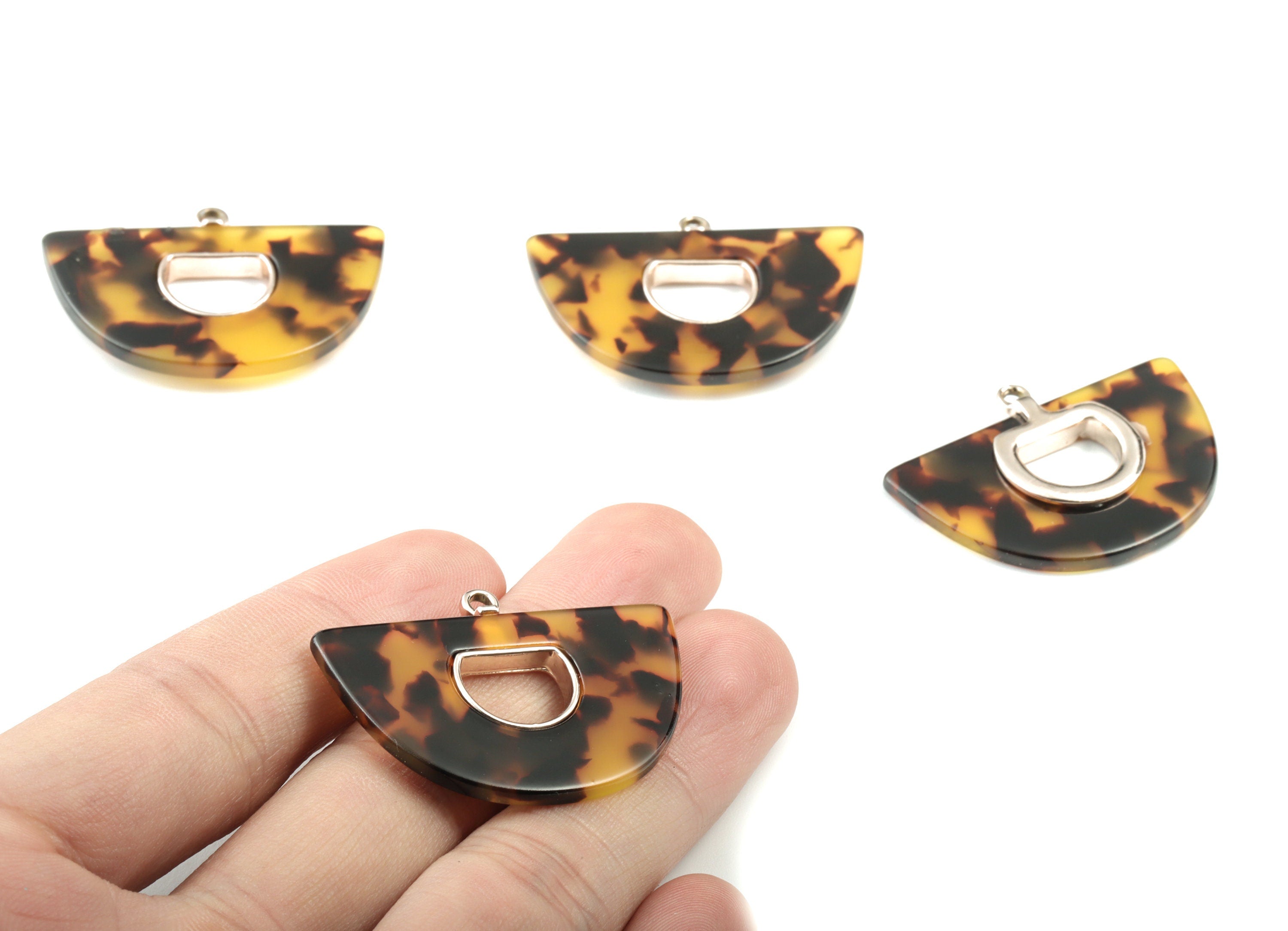 Acetate Semicircle Earring Charm - Rose Alloy Frame Tortoise Shell Charms - Tortoise Shell Half Moon Pendant - 35x28x4mm - AC1842-A02R - DOMEDBAZAAR