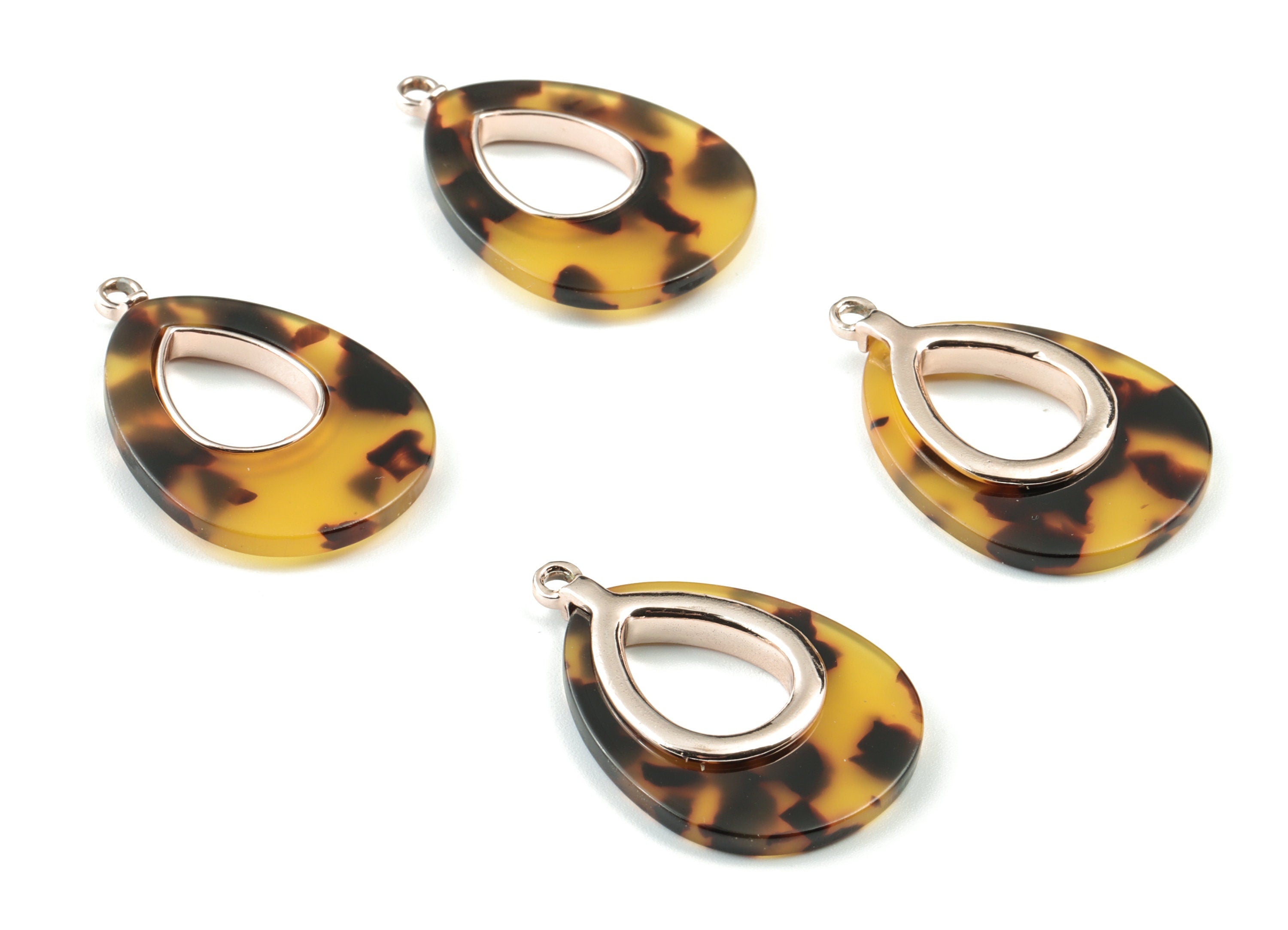 Acetate Alloy Drop Earring Charm - Rose Alloy Frame Tortoise Shell Charms - Tortoise Shell Drop Pendant - 35.11x24.42x3.98mm - AC1182-A02R - DOMEDBAZAAR