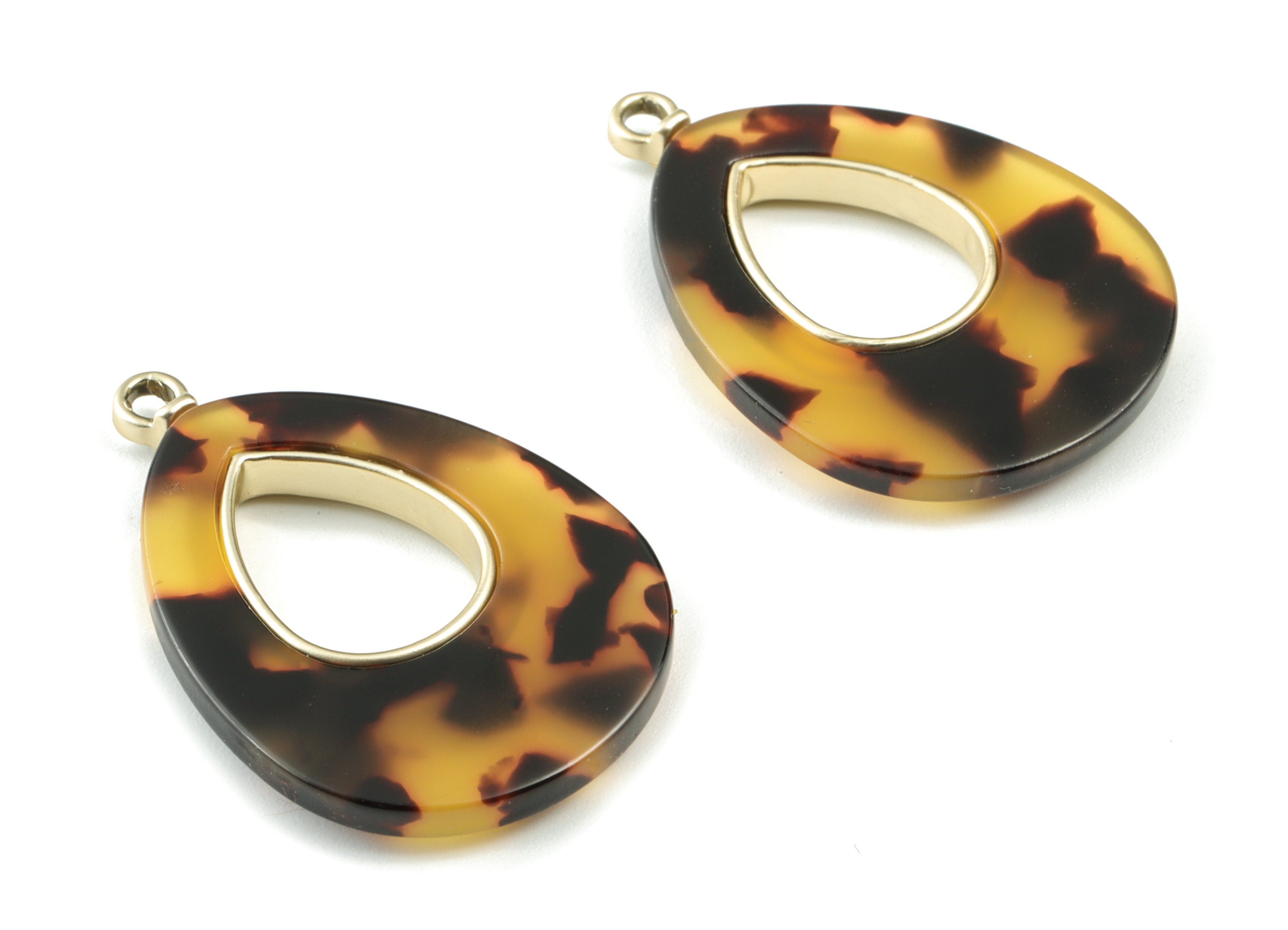 Acetate Alloy Drop Earring Charm - Matter Gold Alloy Frame Tortoise Shell Charms - Tortoise Shell Drop Pendant - 35x24x4mm - AC1182-A02MG - DOMEDBAZAAR