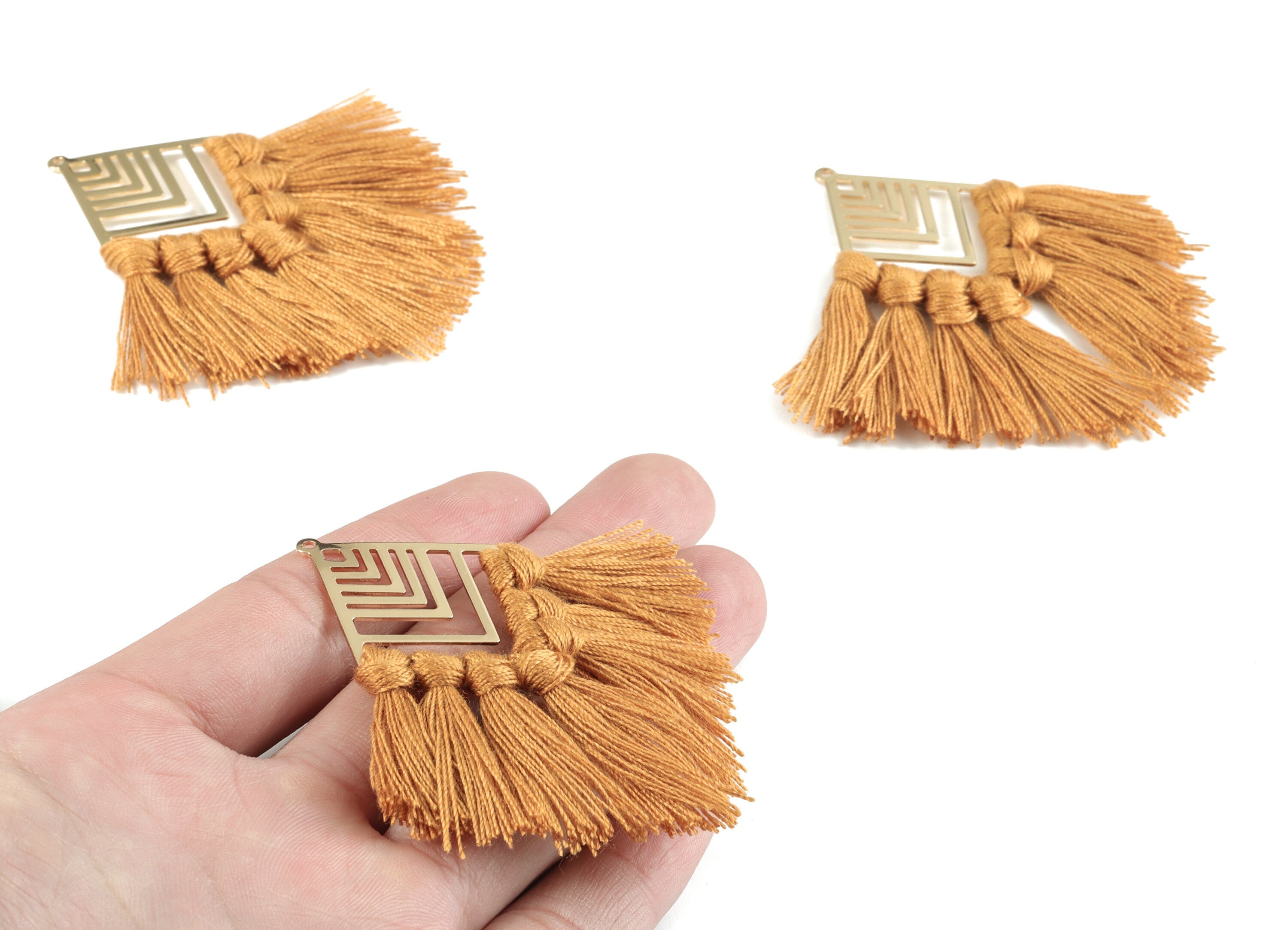 Kite Tassel Earring Charms - KC Gold  Tone Plated Rhombus Brass Cotton Brown Tassels - Fringe Tassel - 74.27x29.7x2.79mm - TSM1931D - DOMEDBAZAAR