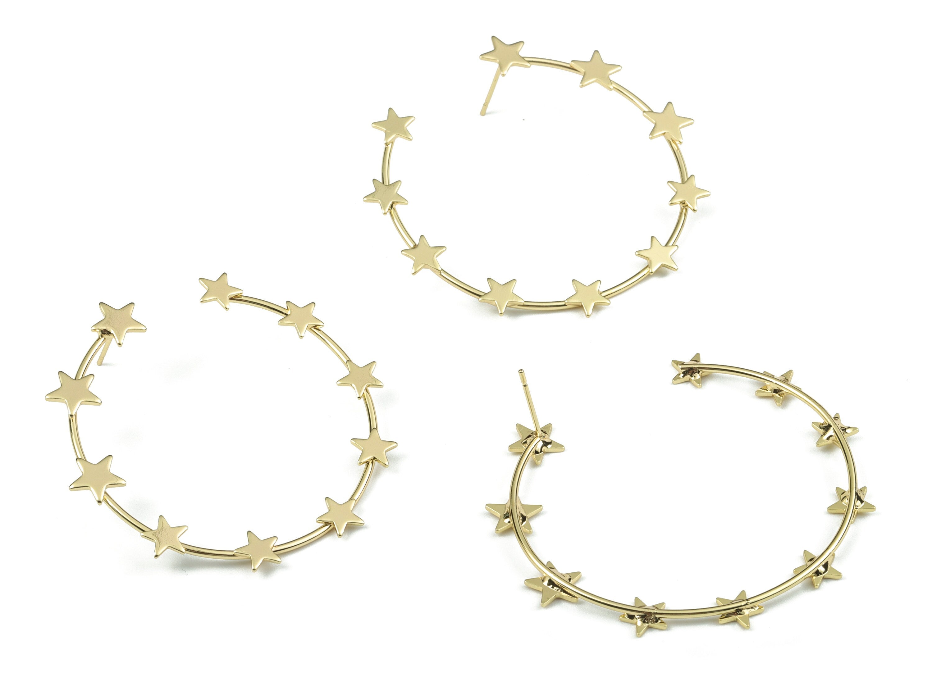 Gold Hoop Star Earring Stud - 18K Real Gold Brass Open Hoop Earring Post - Surgical Stud - Jewelry Supplies - 50.65x8.23x2.18mm - RGP2753G - DOMEDBAZAAR