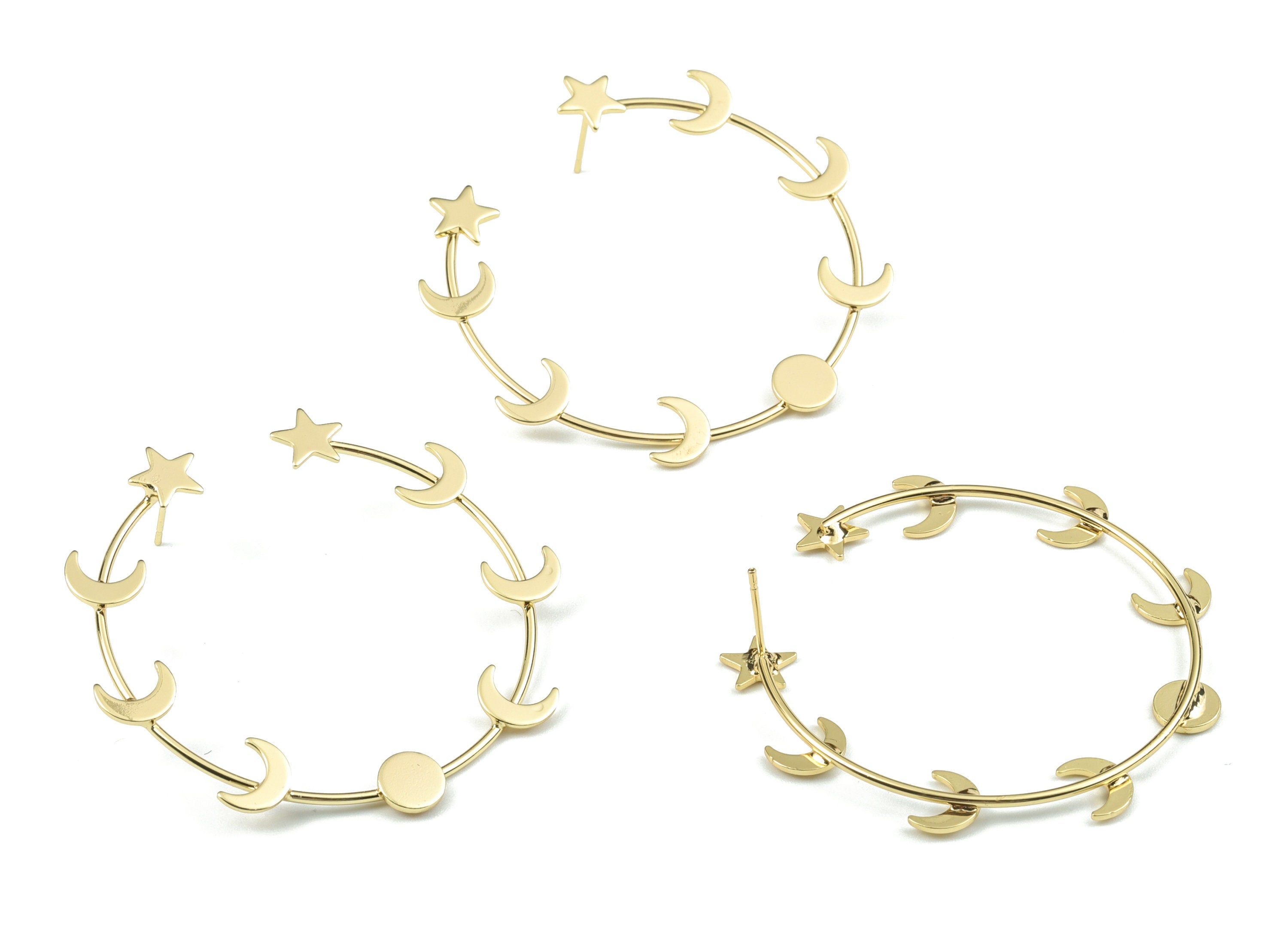 Gold Hoop Crescent Earring Stud - 18K Real Gold Brass Open Hoop Star Earring Post - Surgical Stud - 50.65x8.23x2.18mm - RGP2754G - DOMEDBAZAAR