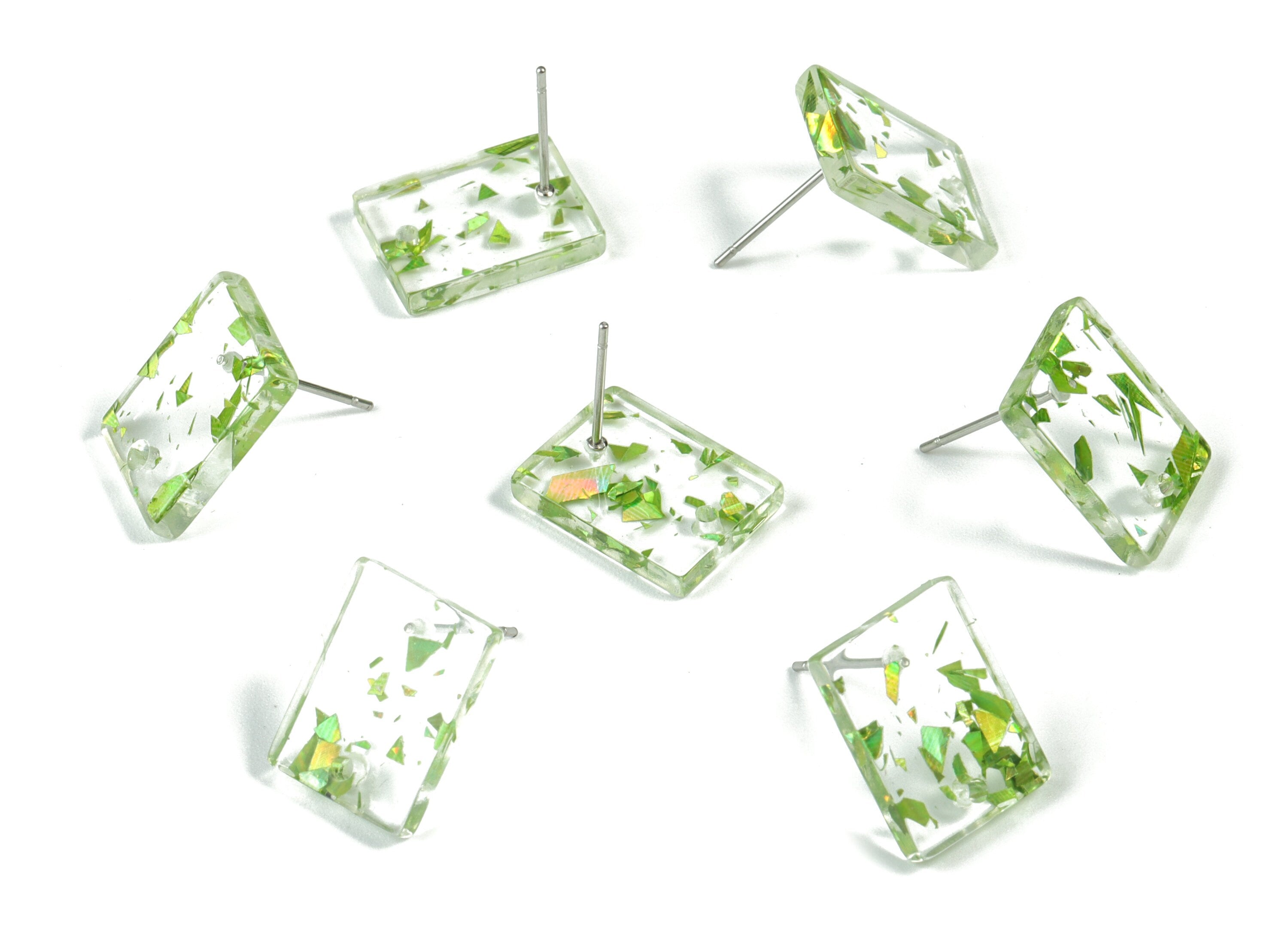 Acetate Rectangle Earring Stud - Transparent & Green Confetti - Rectangle Earring Post - Color Code: A547 - 15.43x11.72x2.5mm- AC1663-A547 - DOMEDBAZAAR