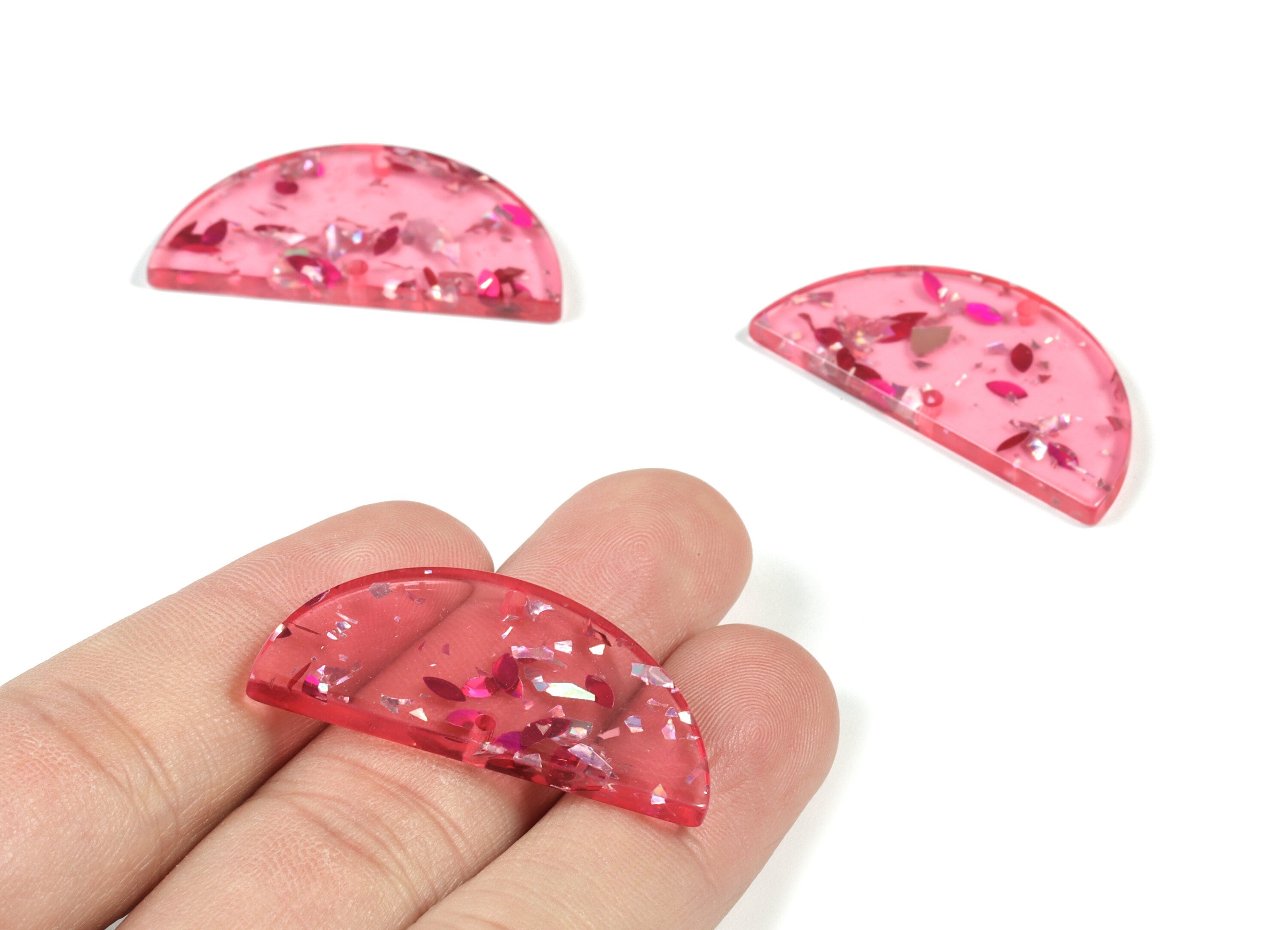 Acetate Semicircle Connectors - Red Silver Foil & Confetti Half Moon Earrings Charms - Color Code:A437 - 37.63x18.78x2.41mm - AC1794-A437 - DOMEDBAZAAR