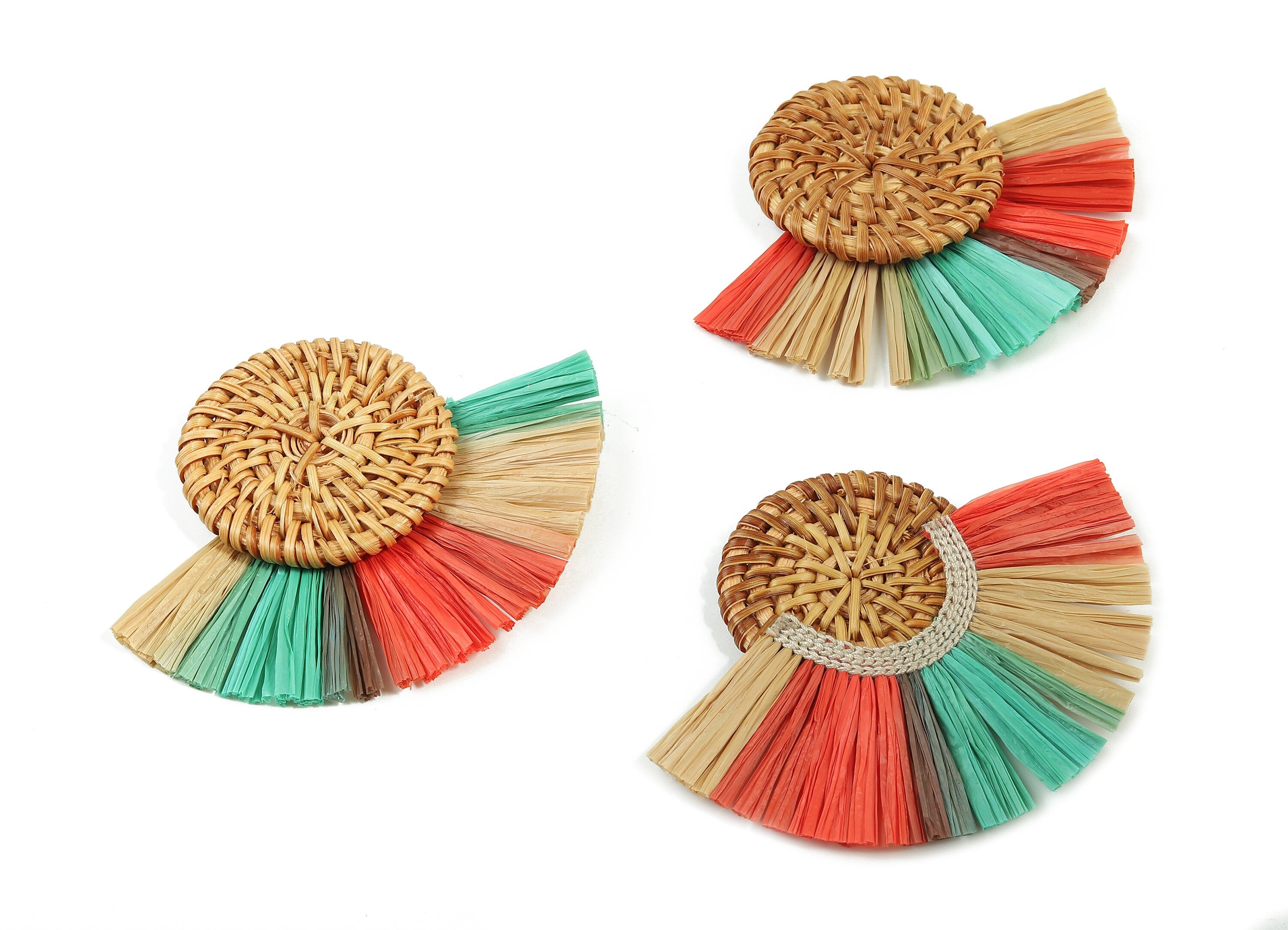 Rattan Raffia Tassel Round Charms - Circle Earrings with Fan Tassels - Handmade Rattan - Woven Earrings - 82.9x60.58x6.72mm - RT1339 - DOMEDBAZAAR