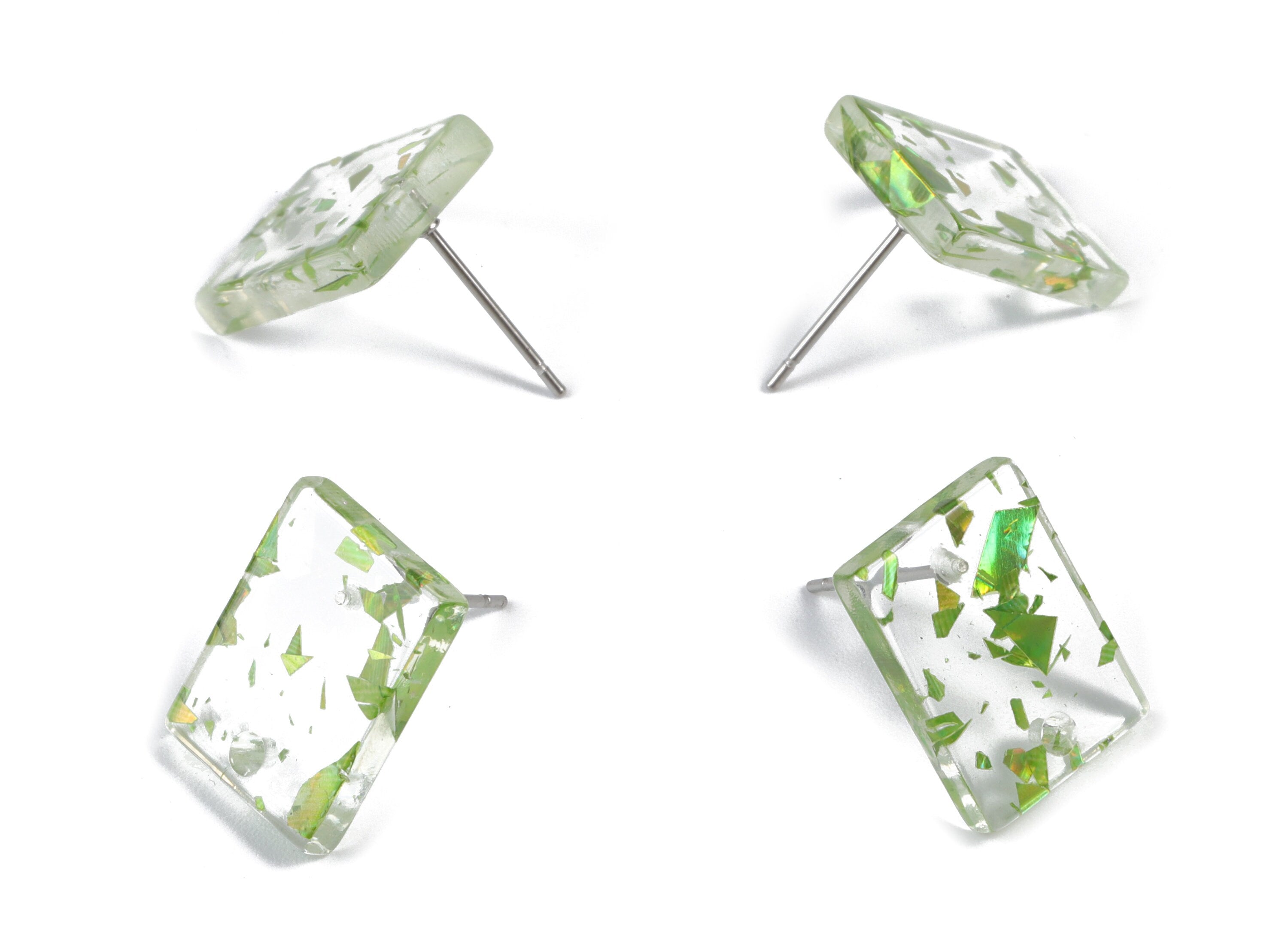 Acetate Rectangle Earring Stud - Transparent & Green Confetti - Rectangle Earring Post - Color Code: A547 - 15.43x11.72x2.5mm- AC1663-A547 - DOMEDBAZAAR