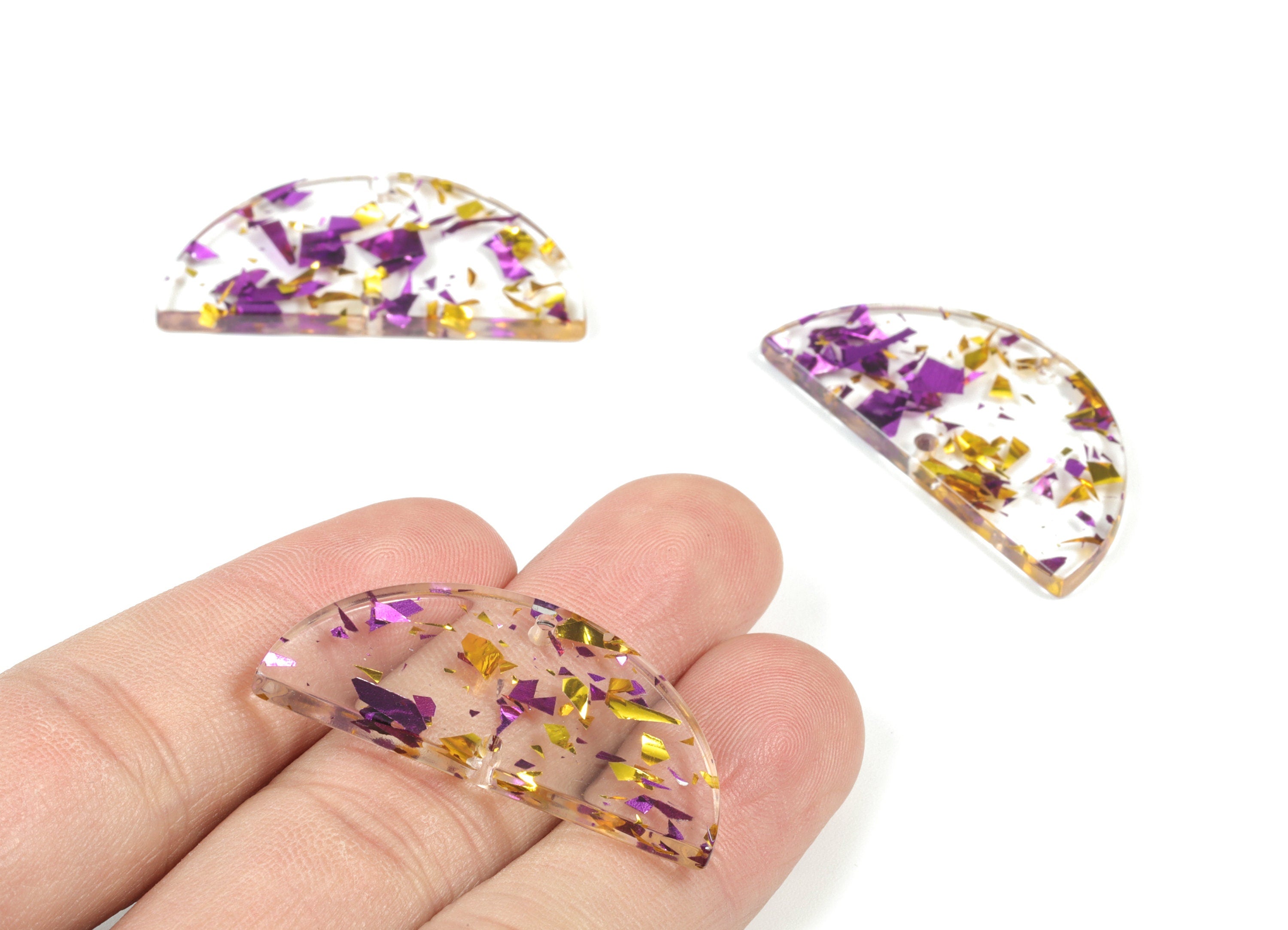 Acetate Semicircle Connectors - Purple & Gold Confetti Half Moon Earrings Charms - Color Code:A388 - 37.63x18.78x2.41mm - AC1794-A388 - DOMEDBAZAAR
