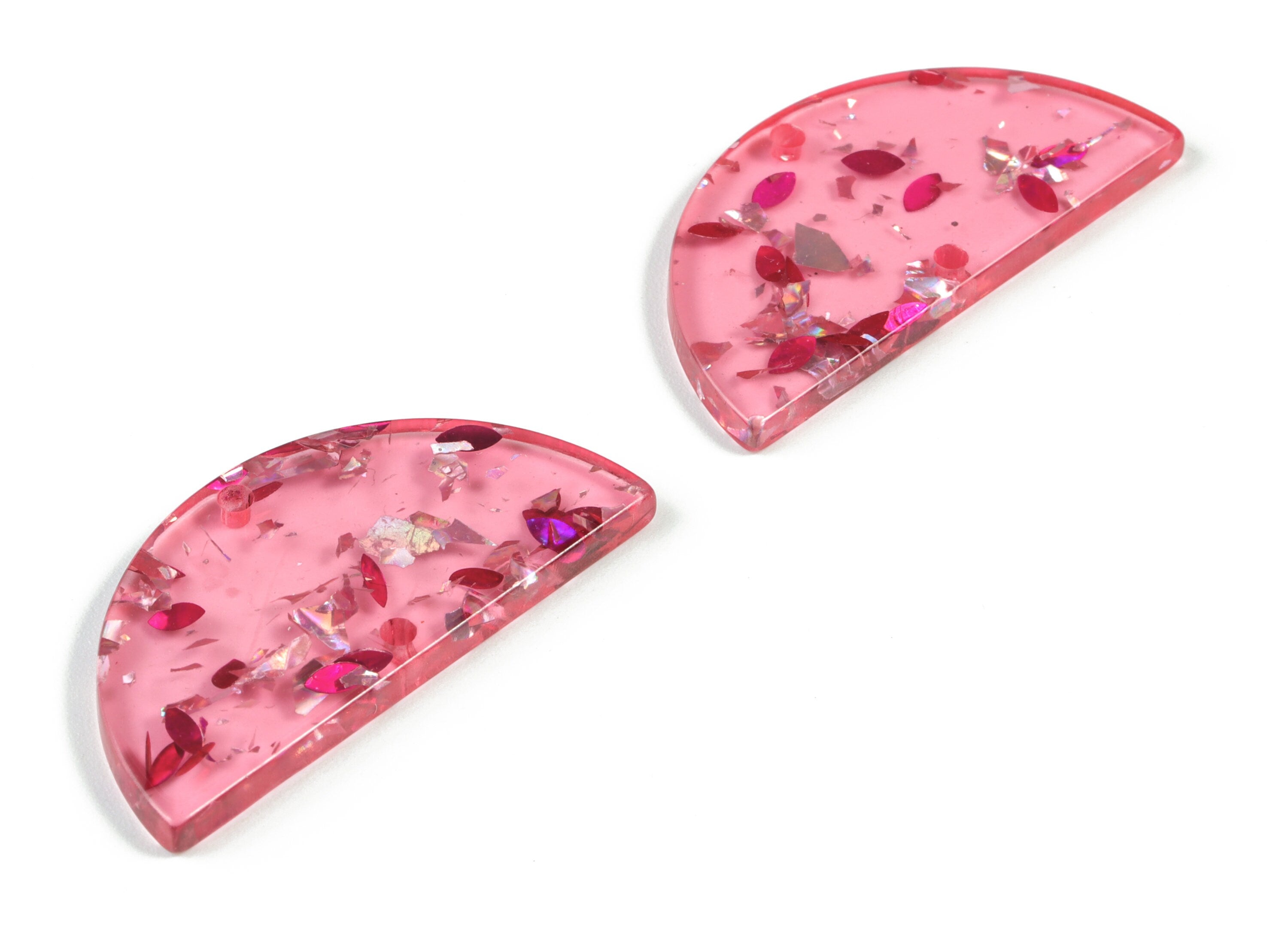 Acetate Semicircle Connectors - Red Silver Foil & Confetti Half Moon Earrings Charms - Color Code:A437 - 37.63x18.78x2.41mm - AC1794-A437 - DOMEDBAZAAR