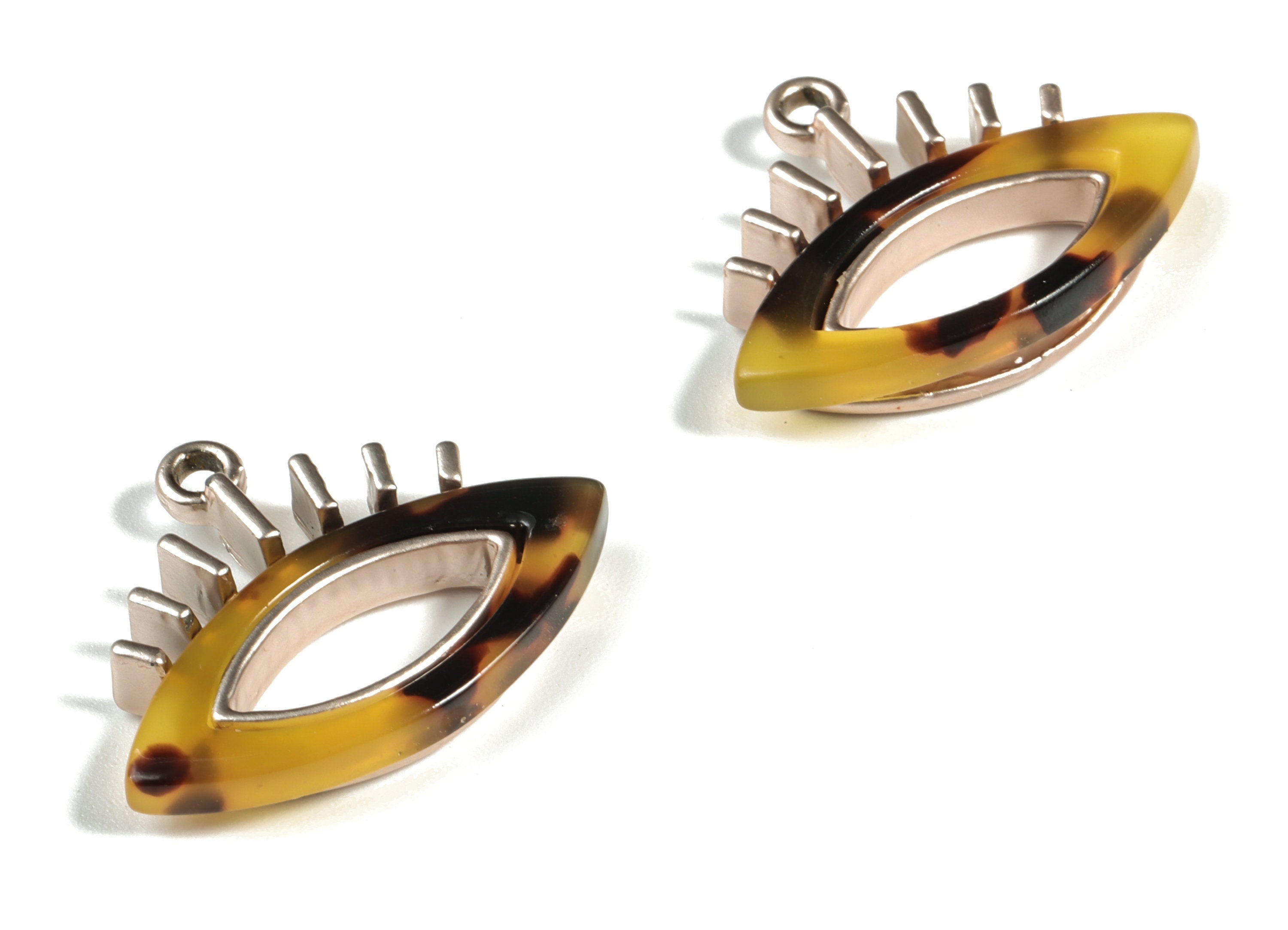 Eyelash Earring Charms - Tortoise Shell Acetate Eye Charms - Matte Rose Tone  Plated Alloy Eye Charms - 28x22x4mm - AC1846-A02MR - DOMEDBAZAAR
