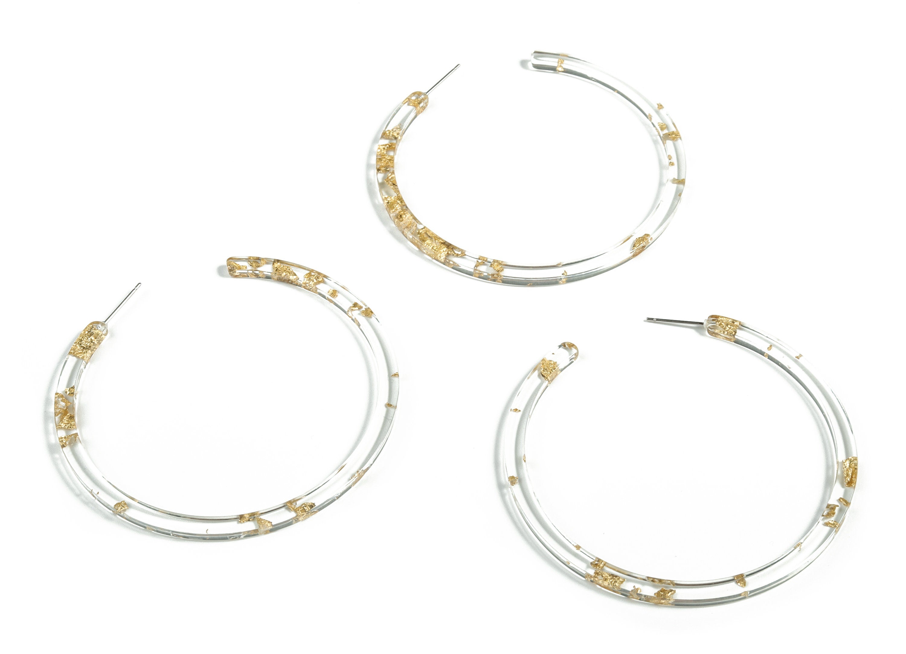 Open Hoop Earrings Stud - 2.5 inch Hoop Earring - Gold Foil Clear Acetate Round Earring Post - Color Code: A255 - 66x4x3mm - AC1307-A255 - DOMEDBAZAAR