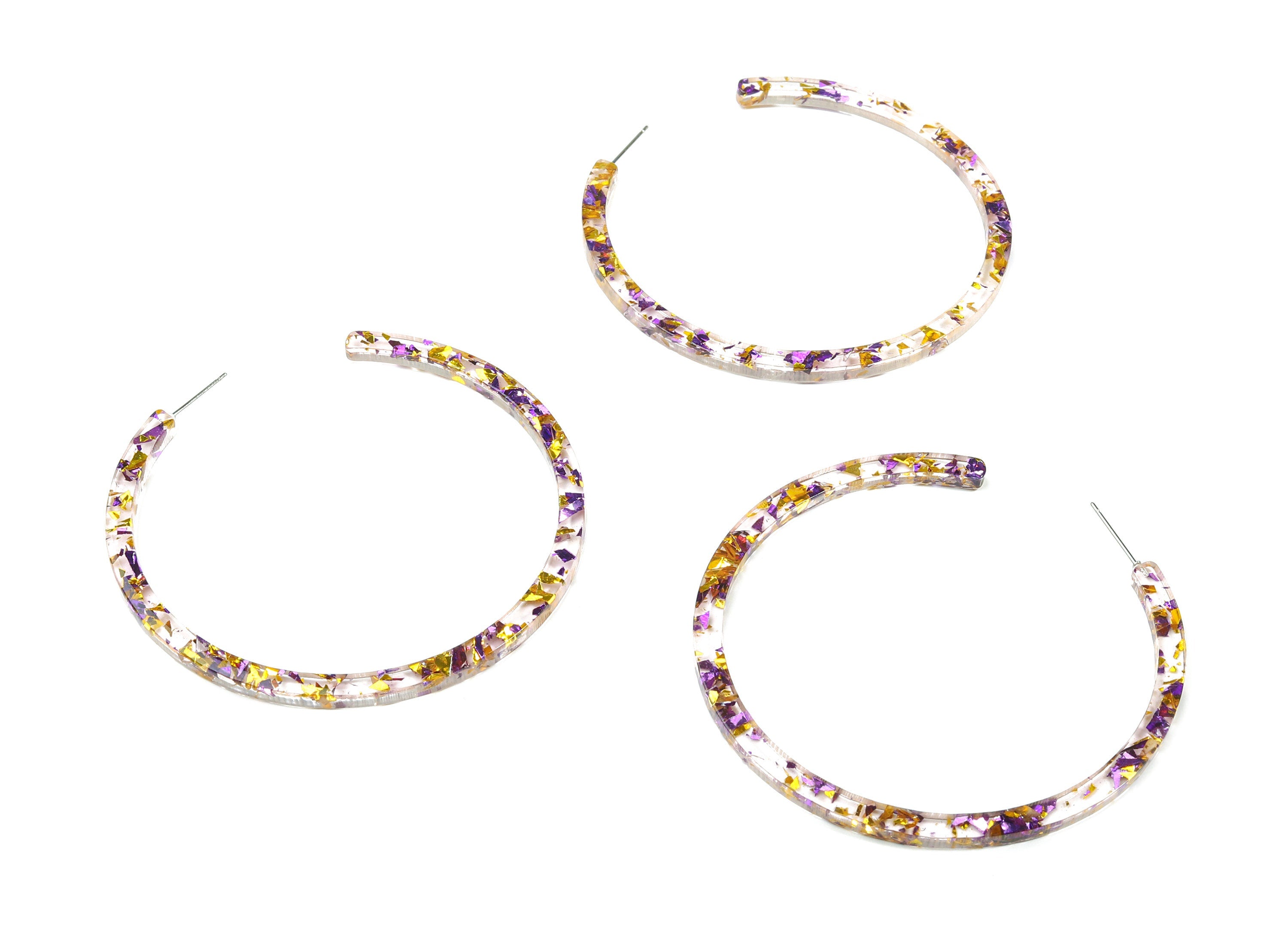 Open Hoop Earrings Stud - 2.5 inch Hoop Earring - Gold Purple Foil Clear Acetate Round Post - Color Code: A388 - 66x4x3mm - AC1307-A388 - DOMEDBAZAAR