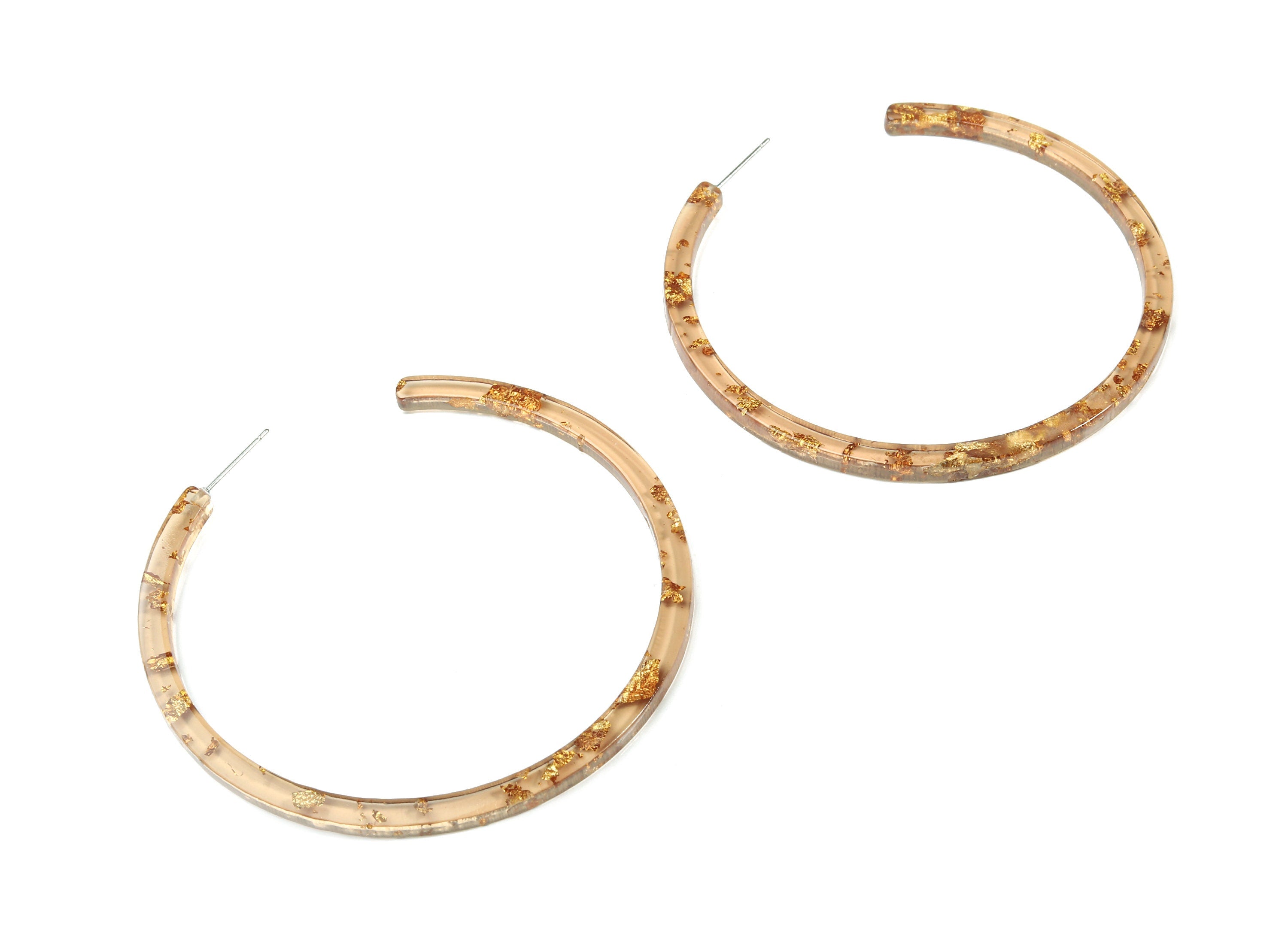 Open Hoop Earrings Stud - 2.5 inch Hoop Earring -  Gold Brown Foil Clear Acetate Round Post - Color Code: A434 - 66x4x3mm - AC1307-A434 - DOMEDBAZAAR