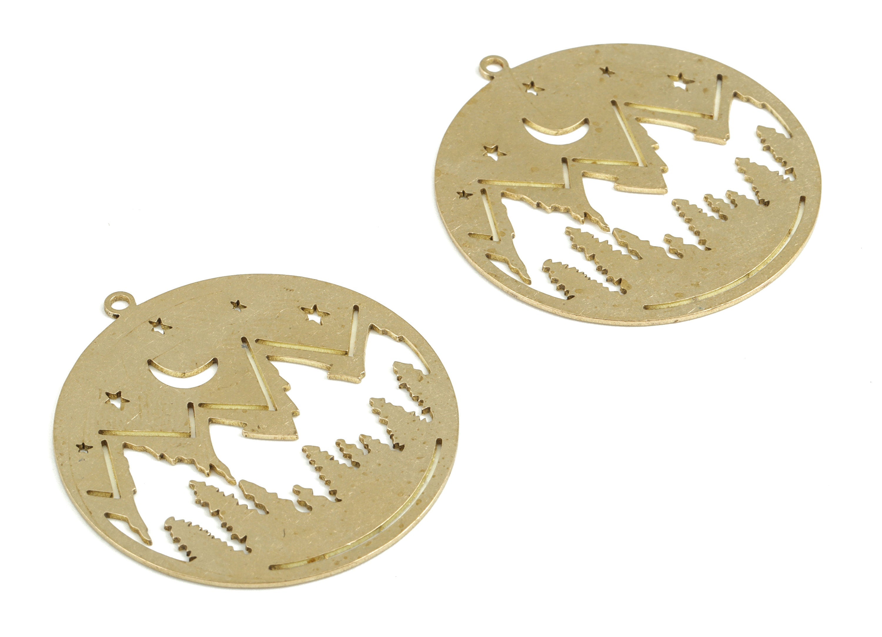 Mountain Moon Stars Pendant - Raw Brass Mountain Crescent Earring - Landscape Circle Charms - Jewelry Supplies - 39.82x37.15x0.7mm - PP3635 - DOMEDBAZAAR