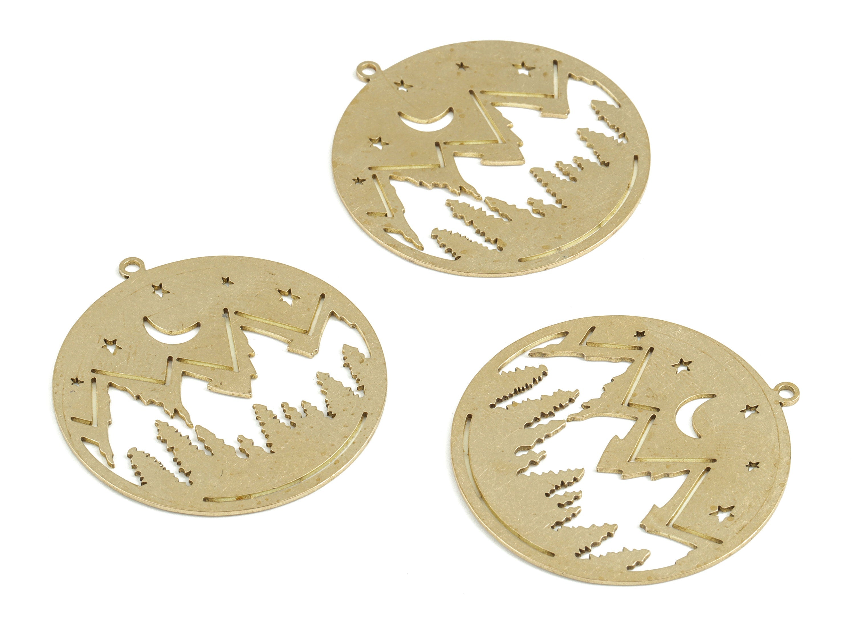 Mountain Moon Stars Pendant - Raw Brass Mountain Crescent Earring - Landscape Circle Charms - Jewelry Supplies - 39.82x37.15x0.7mm - PP3635 - DOMEDBAZAAR