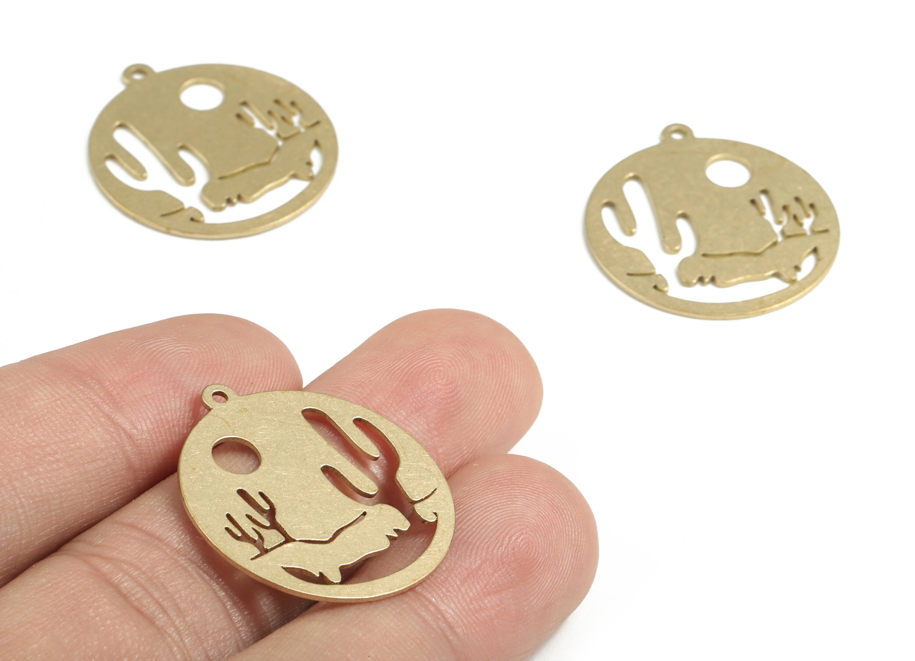 Brass Round Cactus Earring Charms - Raw Brass Circle Cactus Pendant - Earrings Finding - Jewelry Supplies - 27.21x24.92x0.68mm - PPM4067 - DOMEDBAZAAR
