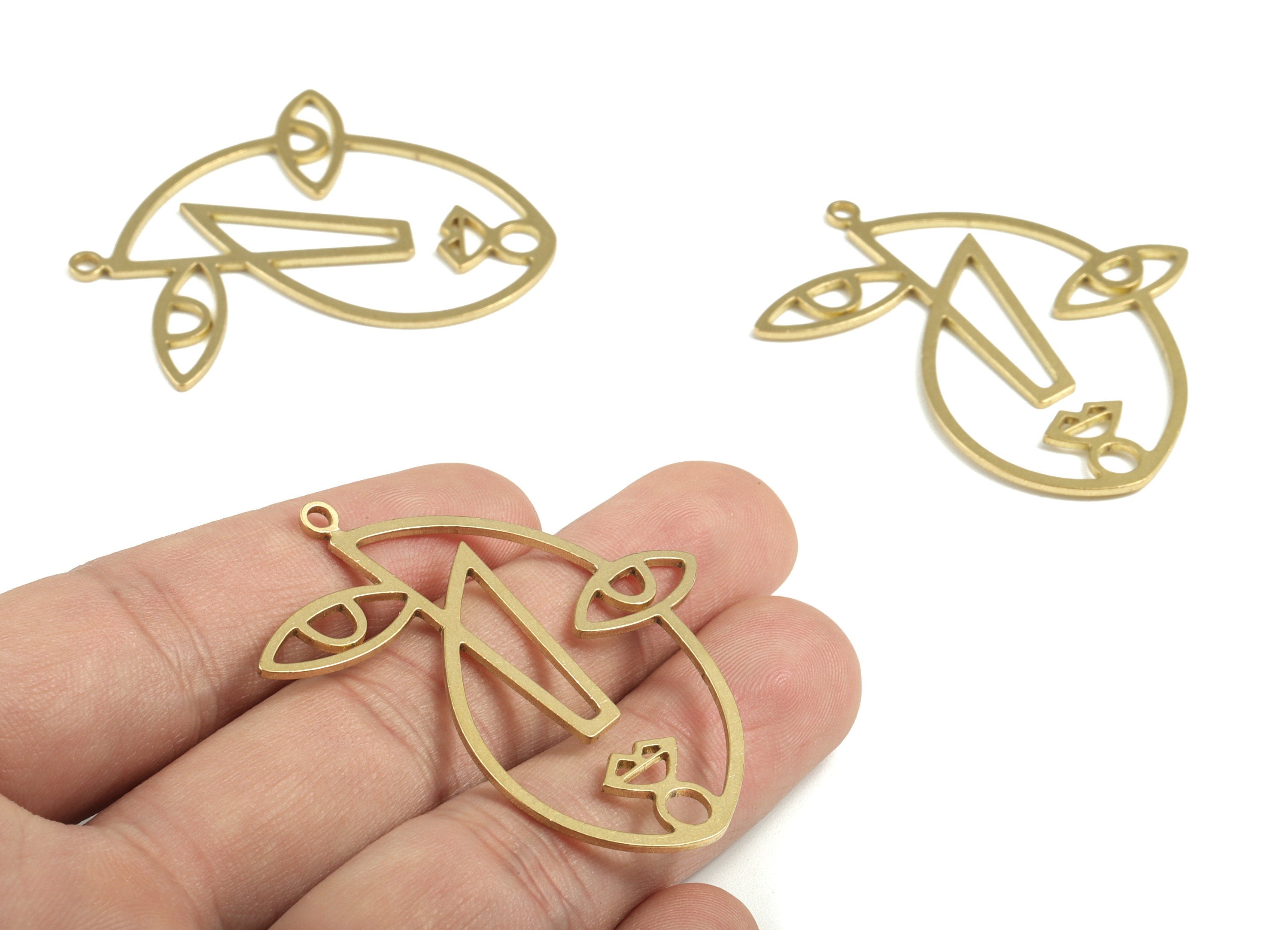 Abstrack Face Earring Charms - Wire Face Charm - Raw Brass Face Pendant - Jewelry Making Supplies - 49.3x46.28x1.18mm - PP3664 - DOMEDBAZAAR
