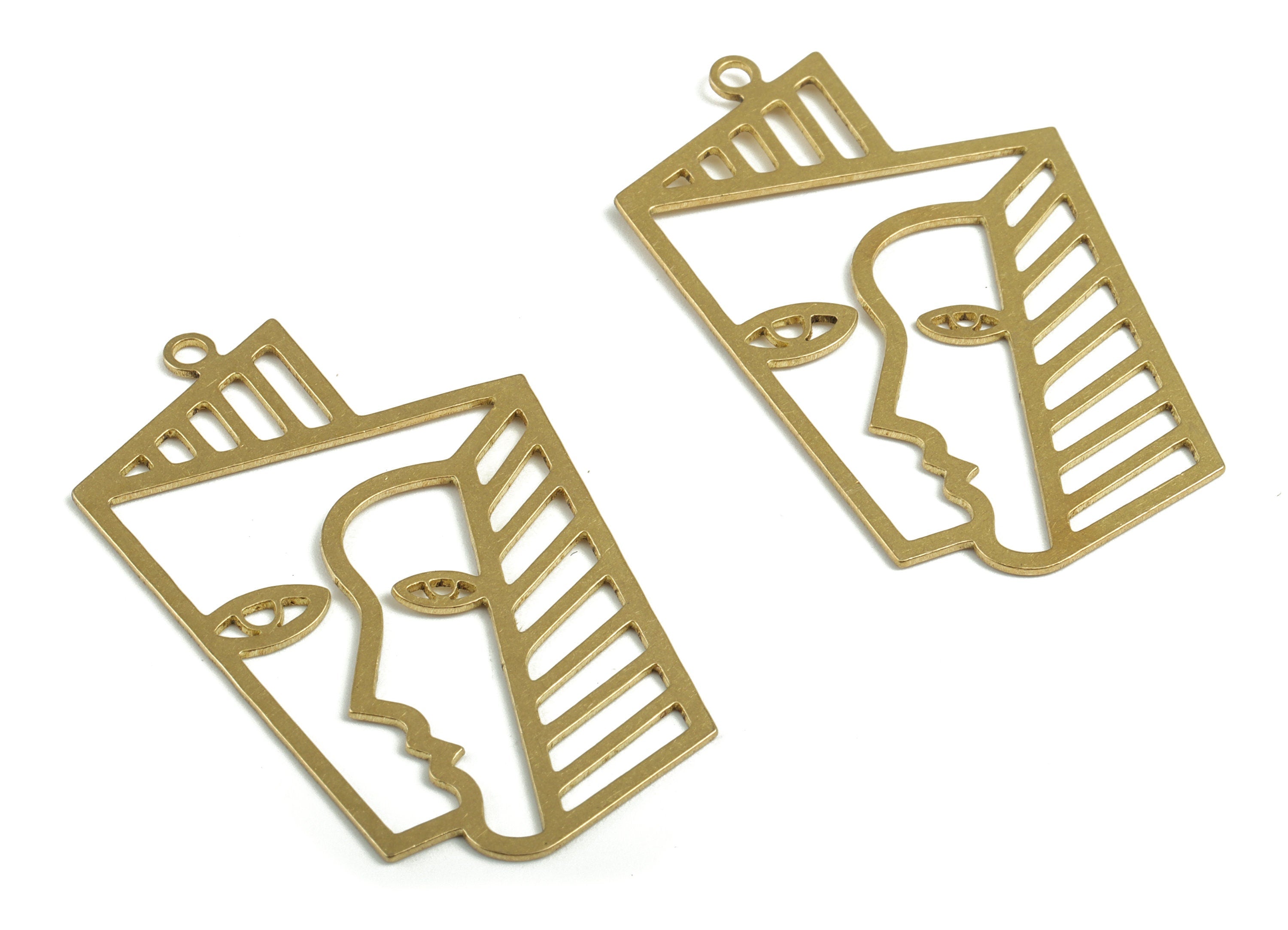Geometric Faces Pendant - Raw Brass Faces Dangle Earring Charms - Woman Face Charms - Jewelry Supplies - 49.12x30.77x0.74mm - PP3666 - DOMEDBAZAAR