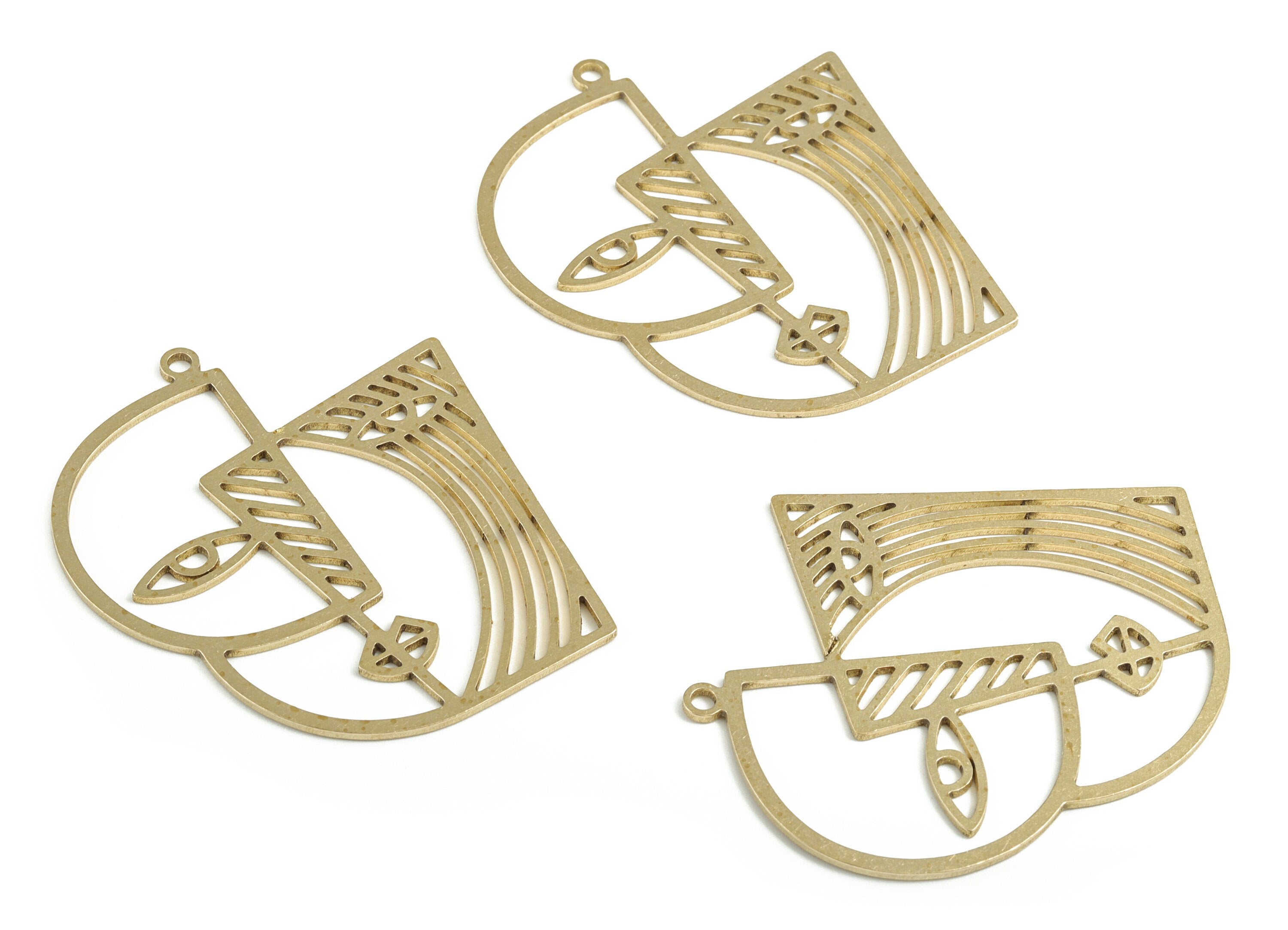 Trendy Abstract Face Earring Charms - Raw Brass Woman Face Pendant – Hollow Cut Face Charm - Jewelry Supplies - 49.84x41.9x1.02mm - PP3665 - DOMEDBAZAAR