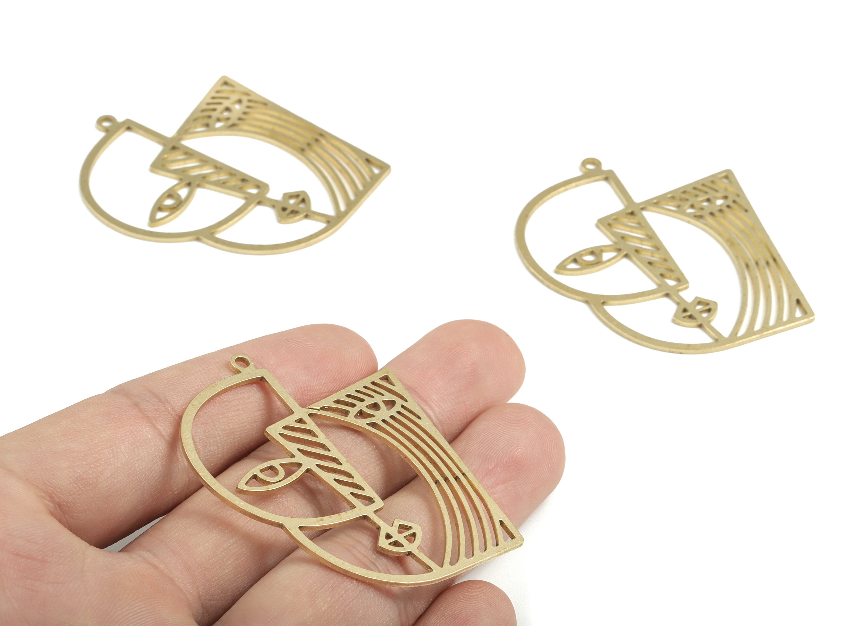 Trendy Abstract Face Earring Charms - Raw Brass Woman Face Pendant – Hollow Cut Face Charm - Jewelry Supplies - 49.84x41.9x1.02mm - PP3665 - DOMEDBAZAAR
