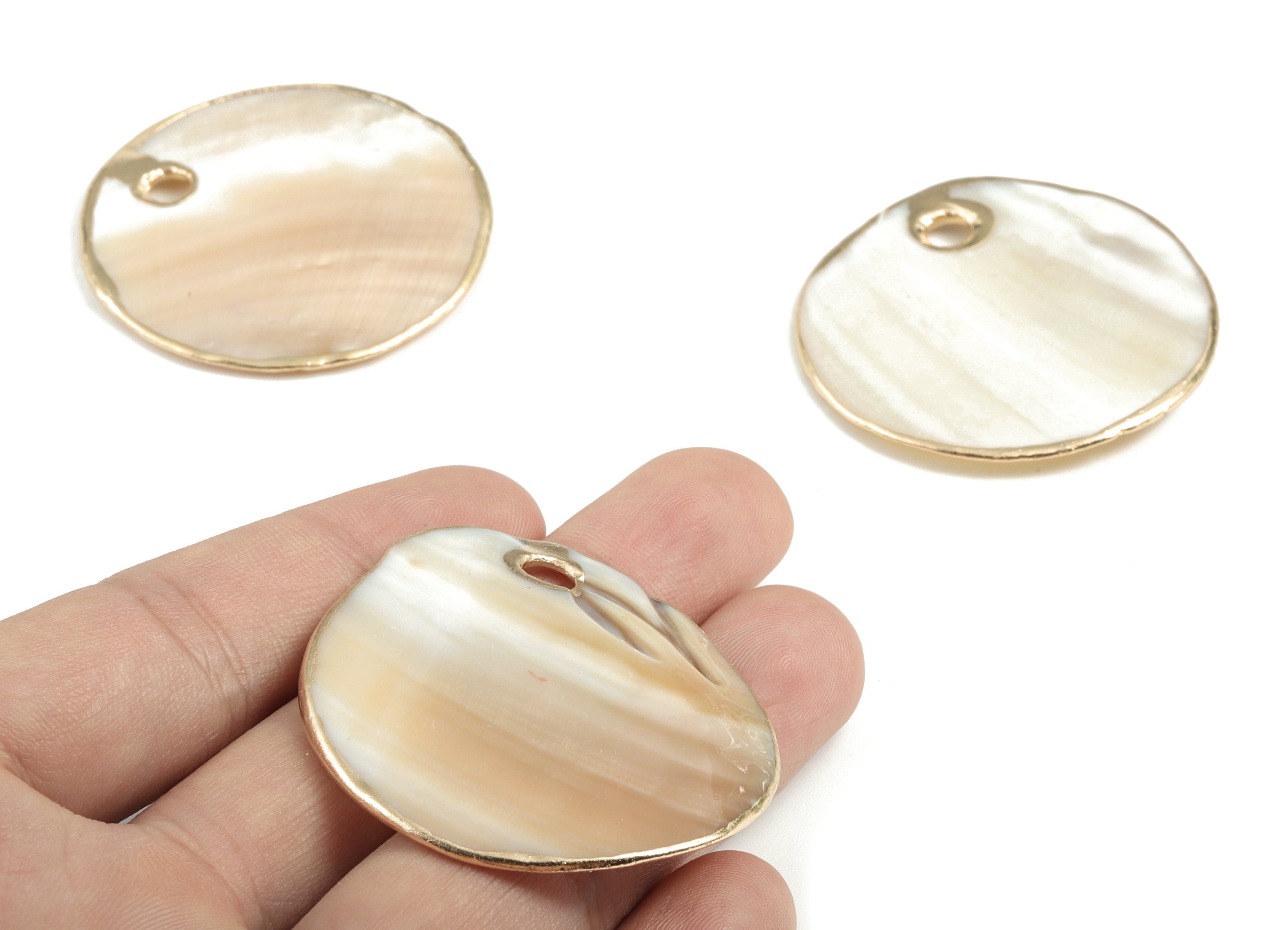 Natural Seashell Charms - Seashell Round Earrings and Pendant - Gold Tone Plated Seashell - 1 Hole - 44.89x44.04x4.59mm - SF1132 - DOMEDBAZAAR