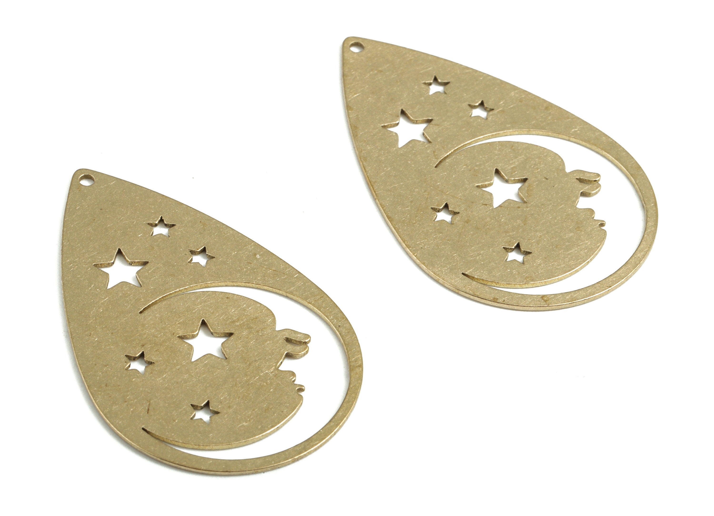 Brass Crescent Face Stars Earring Charms - Raw Brass Drop Stars Moon Pendant - Jewelry Supplies - 37.85x24.42x0.6mm - PPM4046 - DOMEDBAZAAR