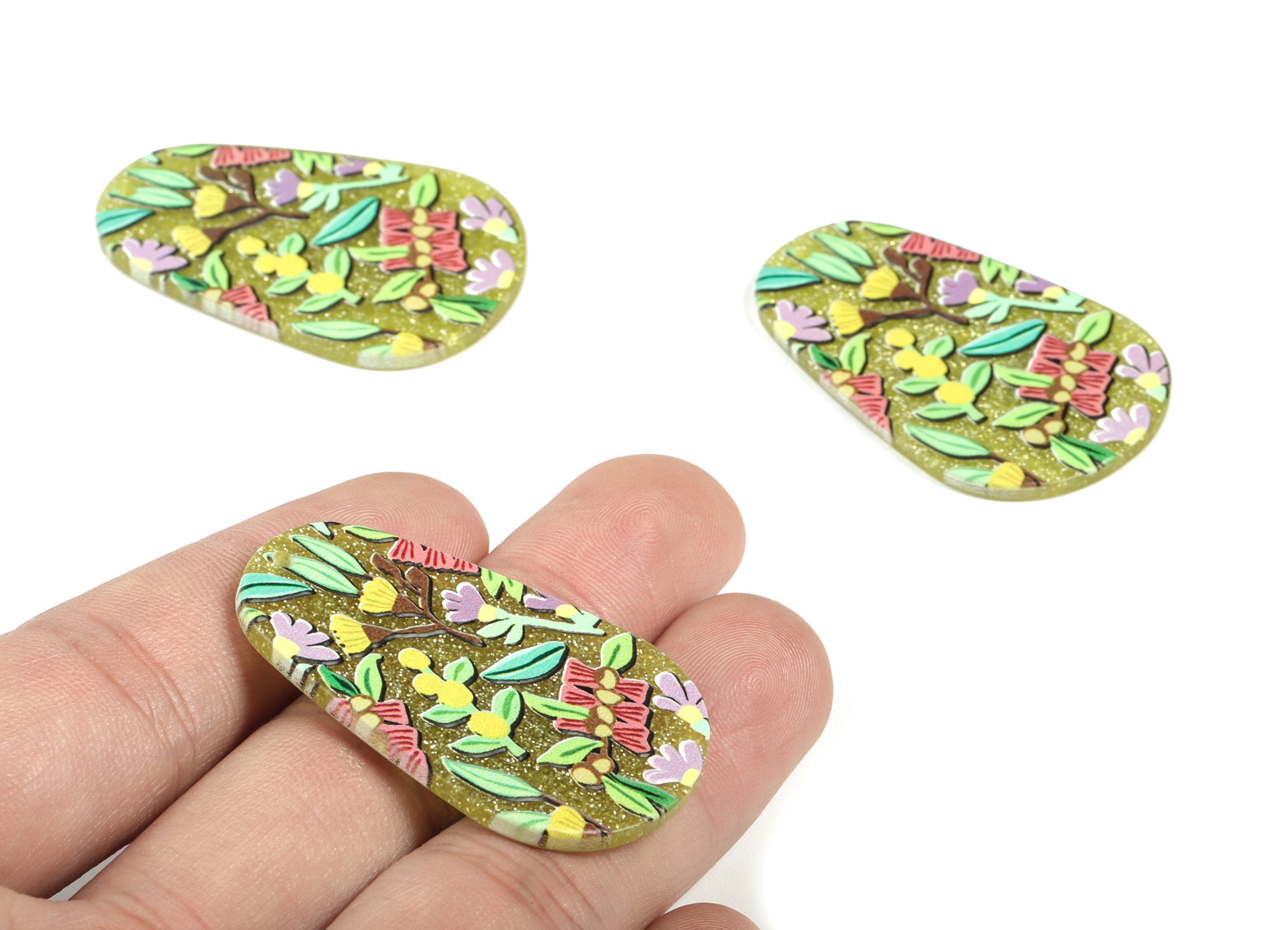 Acrylic Oval Earring Charm - Oval Flower Earrings and Pendant - Leaf Earring Findings - Jewelry Making Supplies - 42.42x28.1x2.24mm - AC2163 - DOMEDBAZAAR