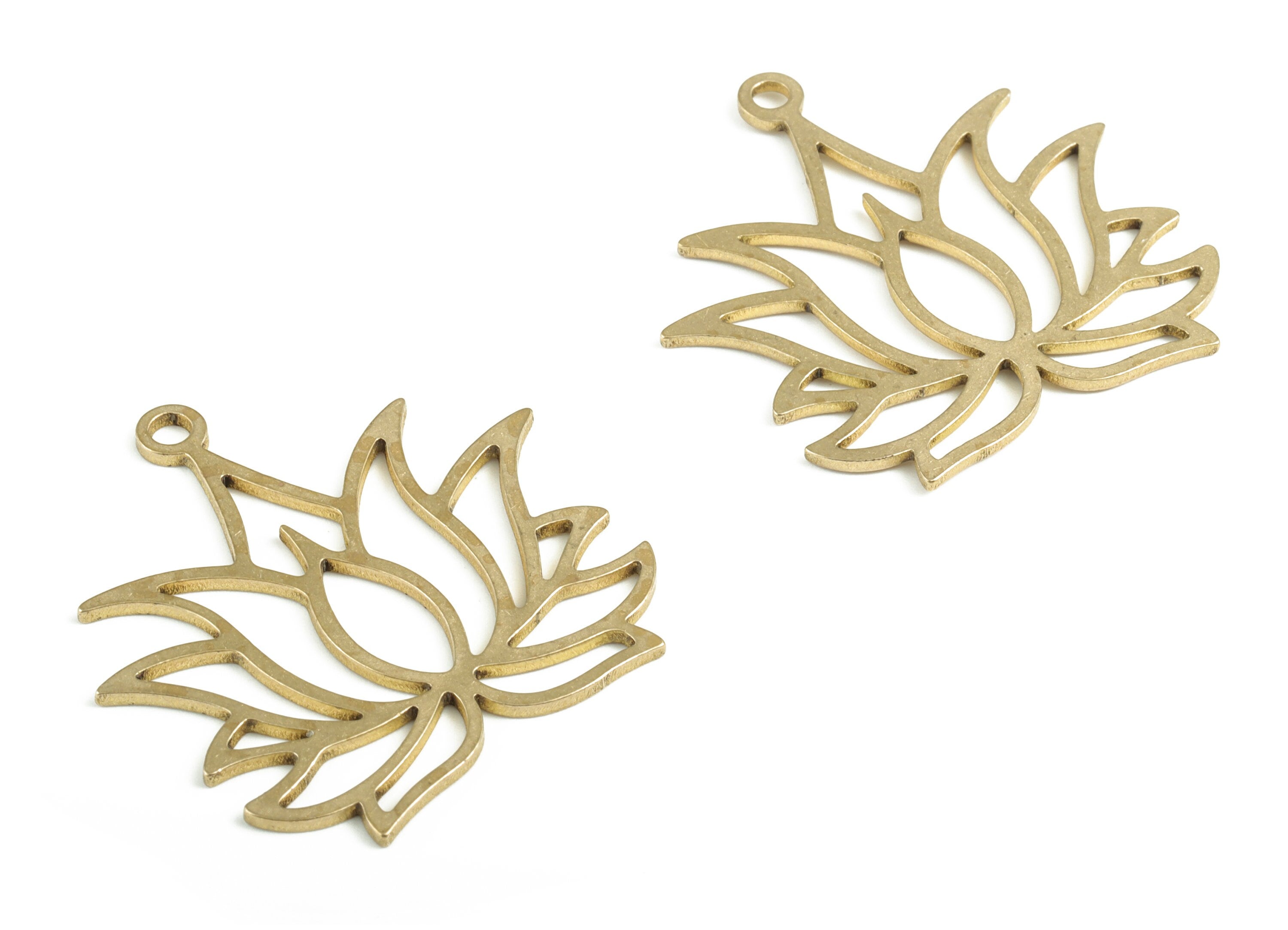 Brass Lotus Earring Charms - Raw Brass Hollow Lotus Flower Pendant - Earrings Finding - DIY Jewelry Supplies - 37.11x36.24x1.72mm - PP3723 - DOMEDBAZAAR