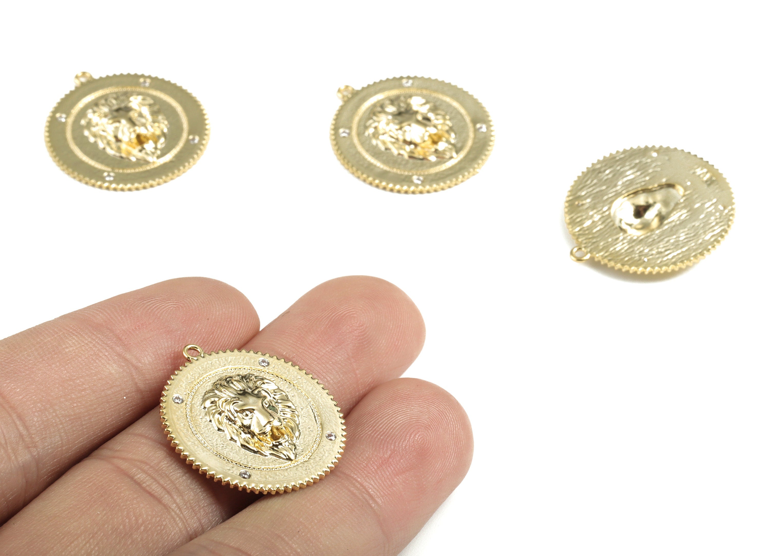 Brass Round Lion Earring Charms With Zircon - Gold Round Lion Pendant - 18K Real Gold Plated Brass - 25.18x23.31x3.55mm - RGP2763 - DOMEDBAZAAR
