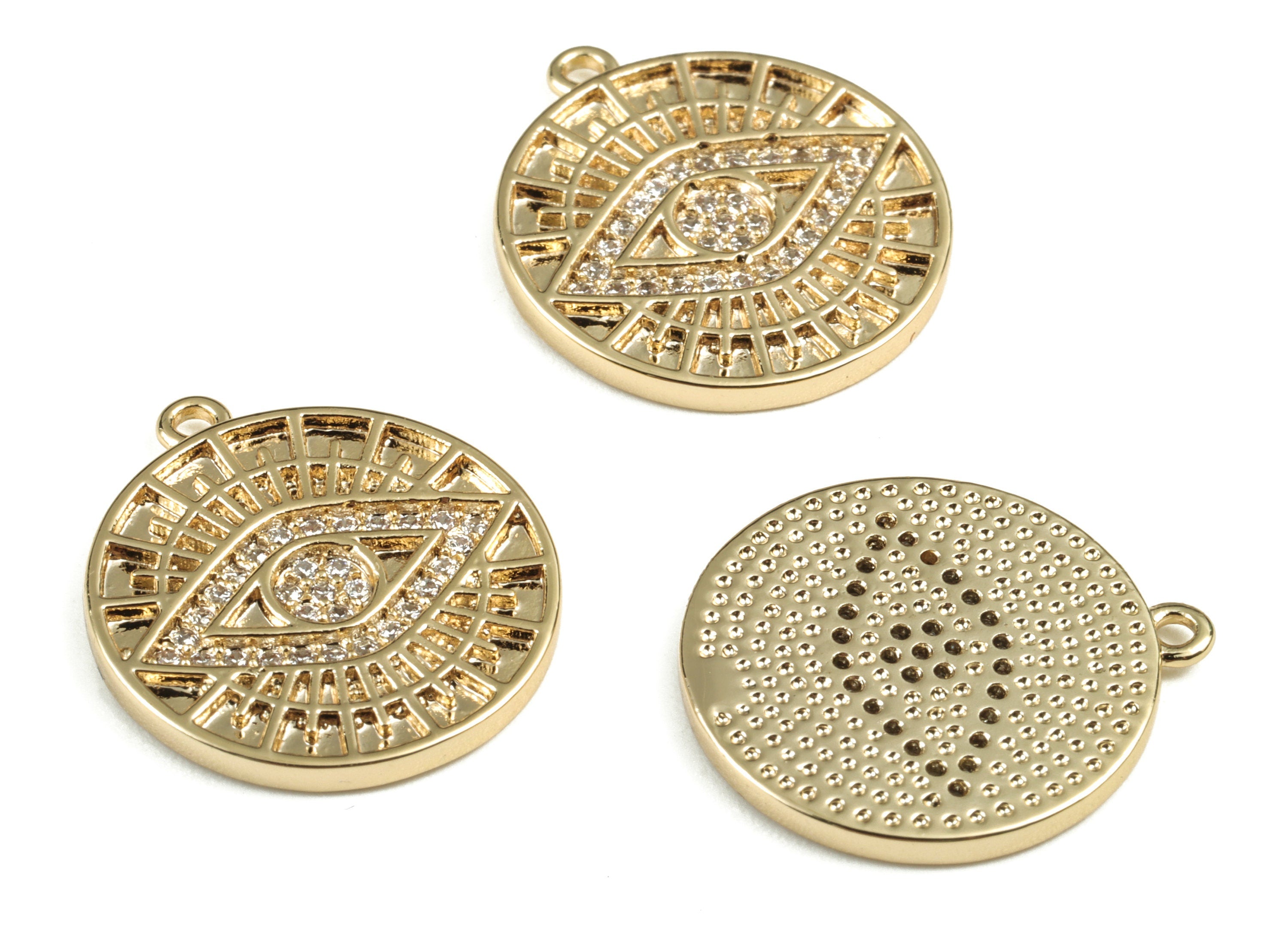 Brass Round Eye Earring Charms With Zircon - Gold Circle Eye Pendant - 18K Real Gold Plated Brass - 20.04x17.76x1.74mm - RGP2770 - DOMEDBAZAAR