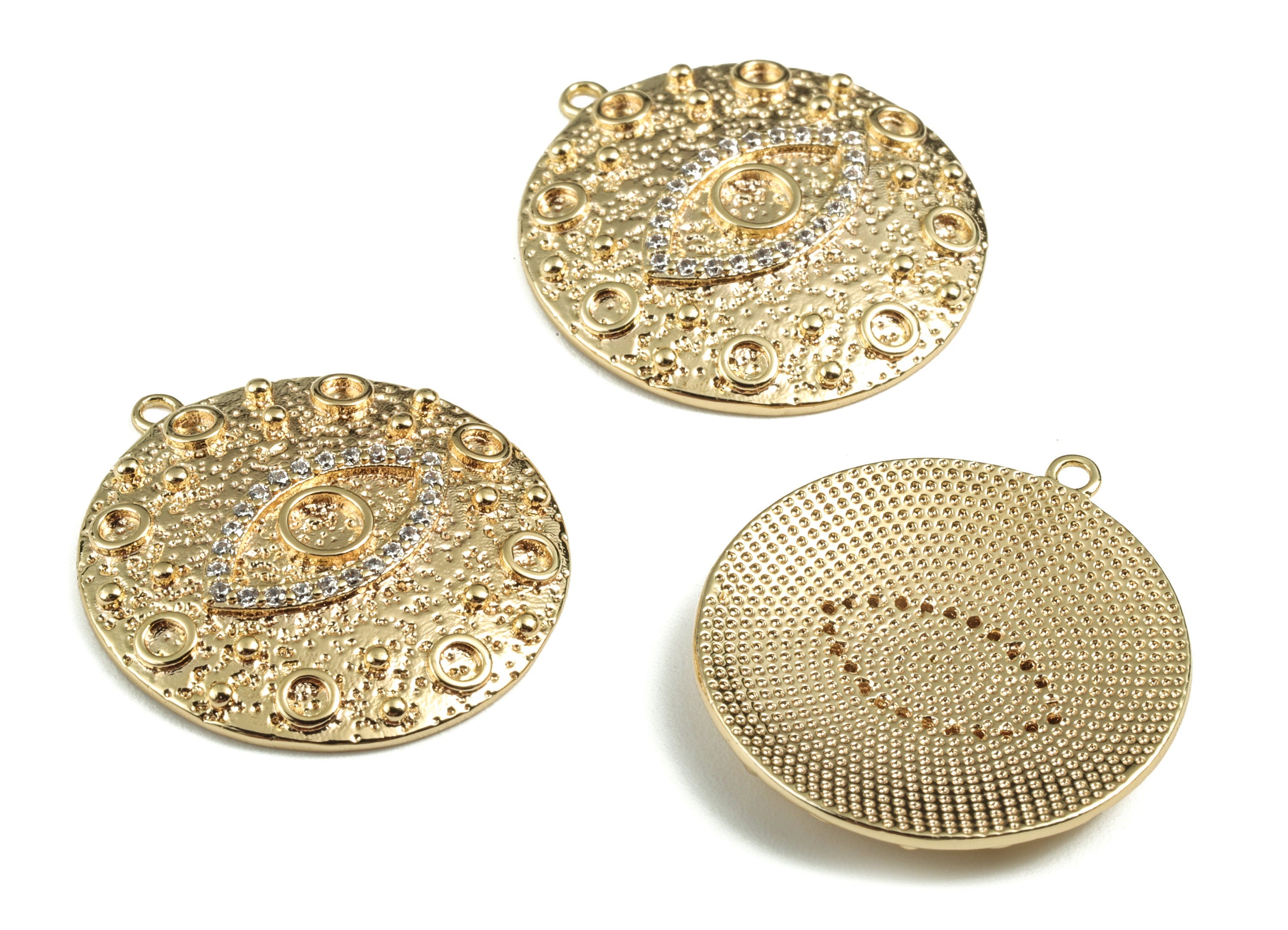 Brass Round Eye Earring Charms With Zircons - Gold Circle Eye Pendant - 18K Real Gold Plated Brass - 24.28x22.37x2.99mm - RGP2773 - DOMEDBAZAAR