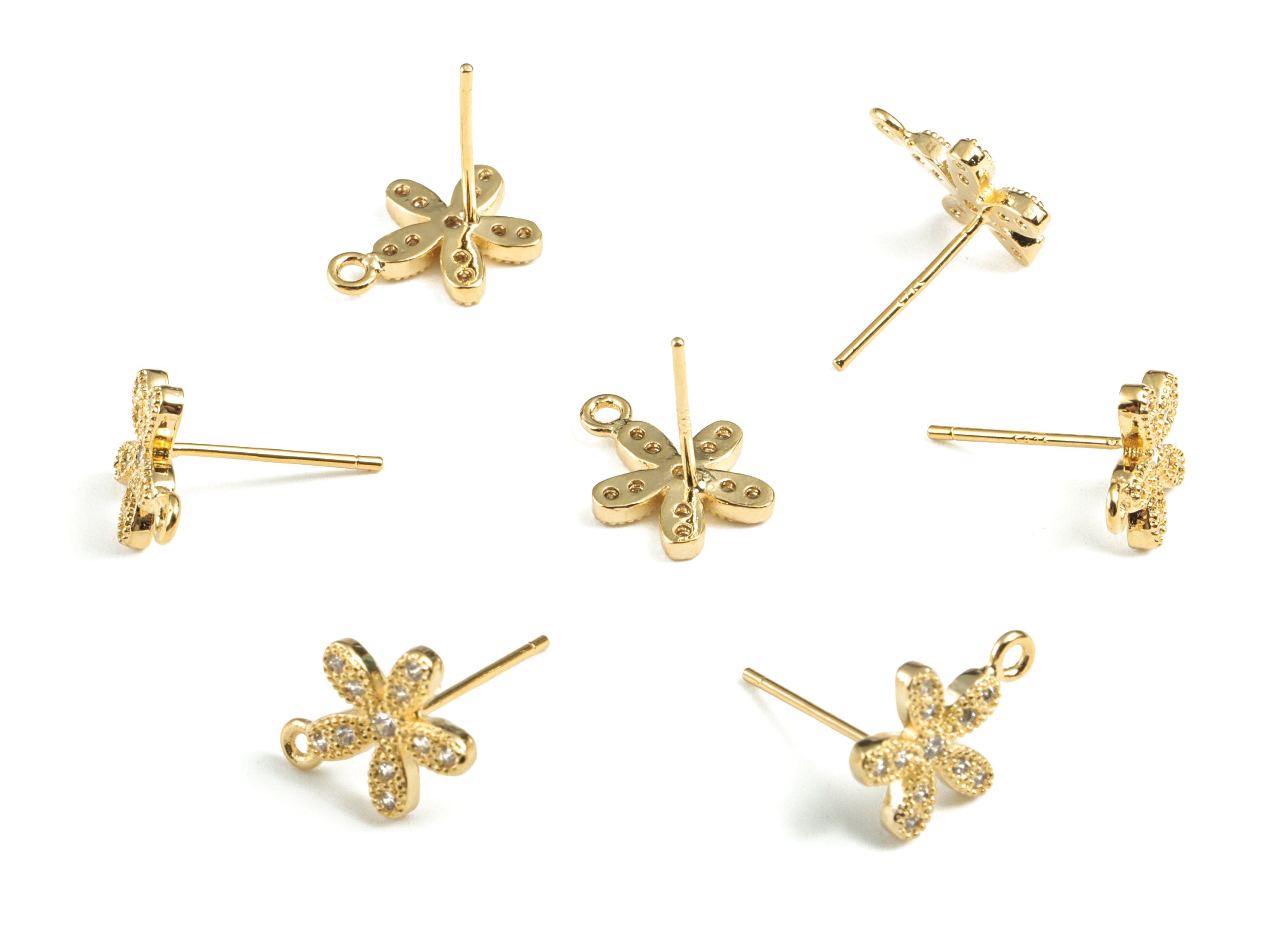 Brass Flower Earring Stud With Zircon - Gold Flower Earring Stud - 18K Real Gold Plated - 316 Stainless Steel - 11.24x9.32x1.73mm - RGP2788 - DOMEDBAZAAR